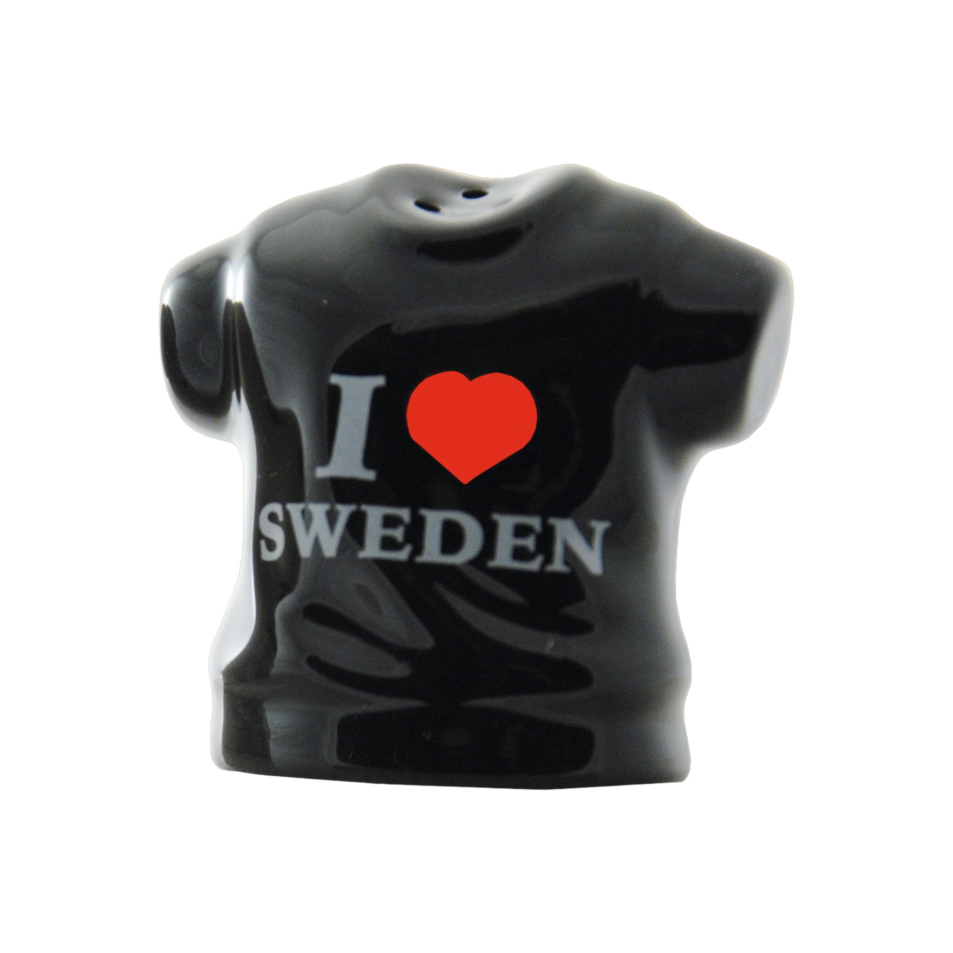 Svart t-shirtformad del av salt- och pepparset med texten 'I Love Sweden', 6 cm.