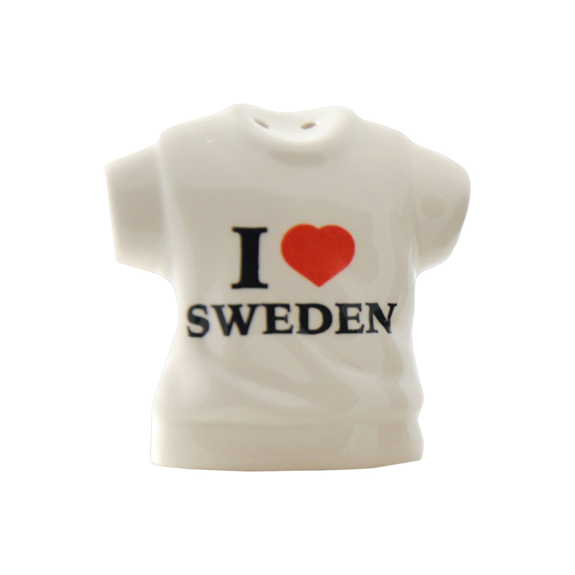 Vit t-shirtformad del av salt- och pepparset med texten 'I Love Sweden', 6 cm.