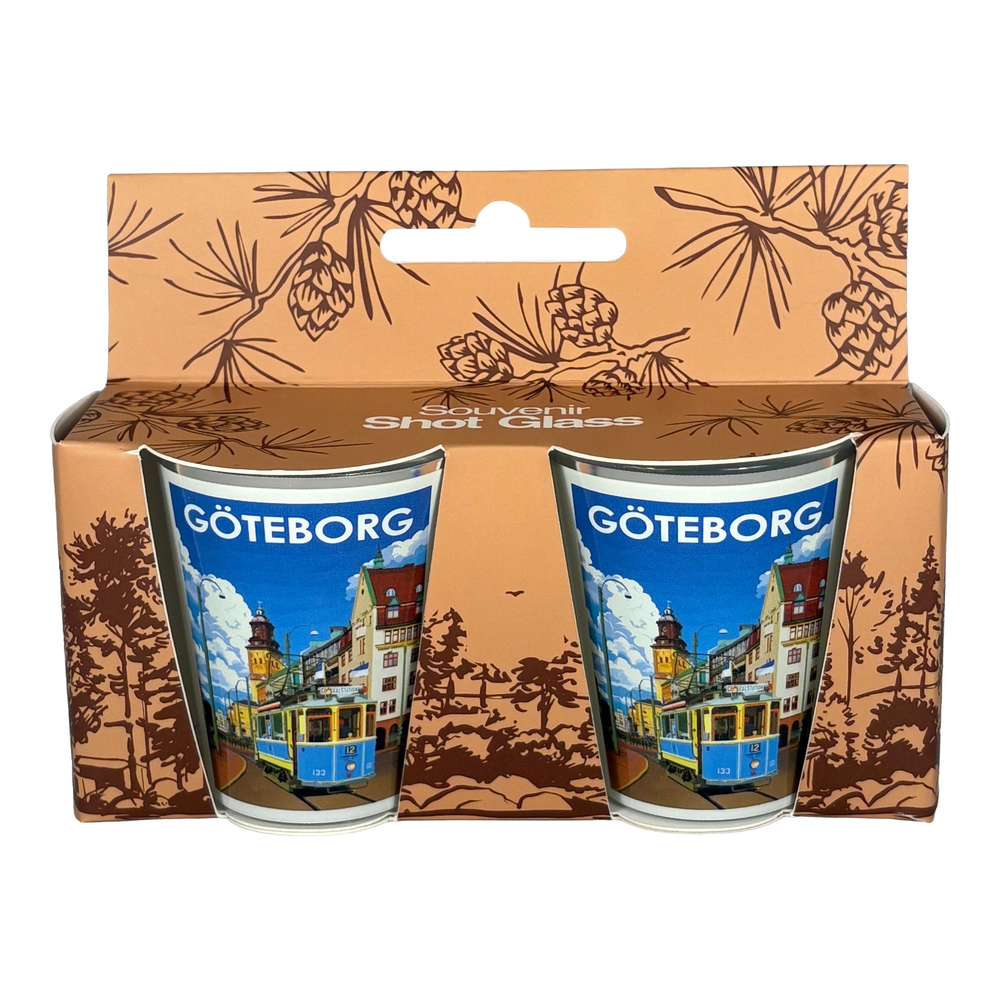 Två shotglas i förpackning med upphängningsögla för enkel exponering.