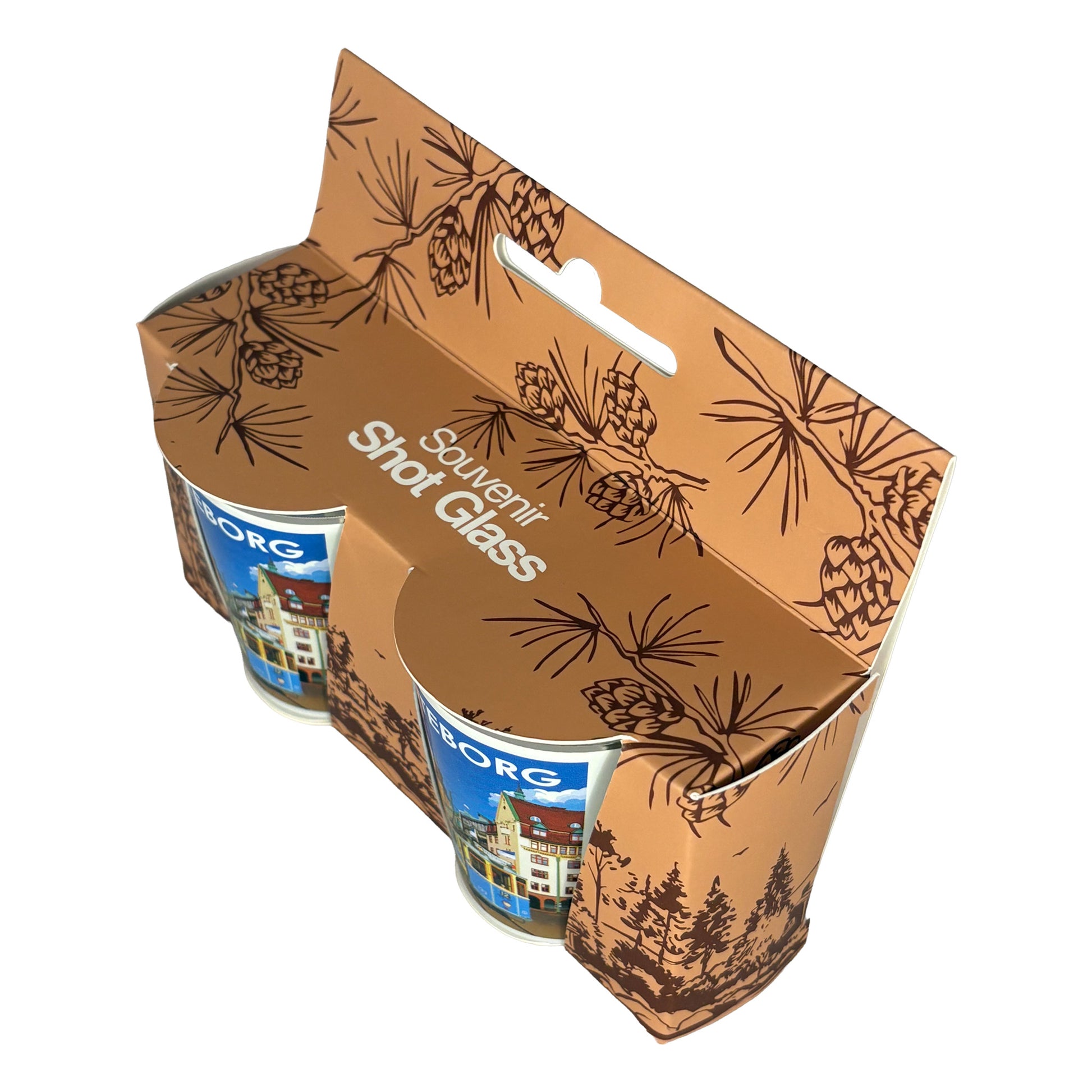 Vy uppifrån på två shotglas i förpackning med texten "Souvenir Shot glass" på toppen.