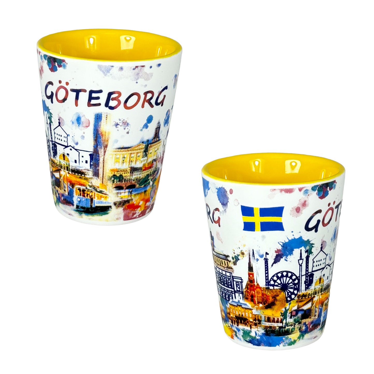 Shotglas med gul insida, visat från två vinklar för att visa hela det färgstarka Göteborgsmotivet.