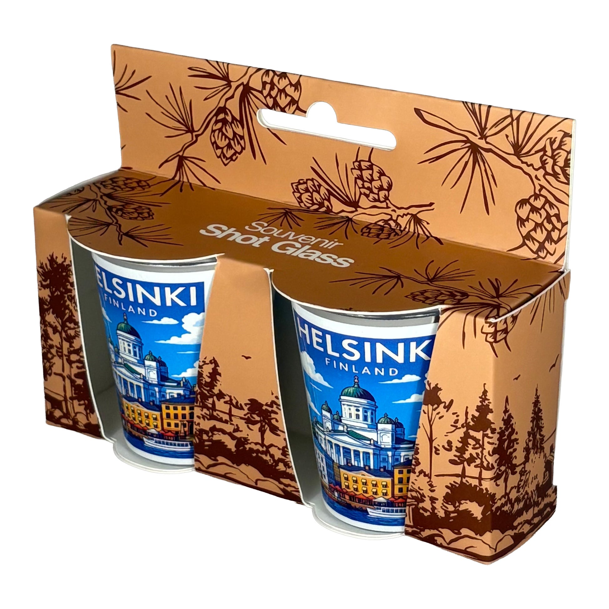 Shotglas Helsingfors 2-pack i förpackning, sedd snett från sidan.