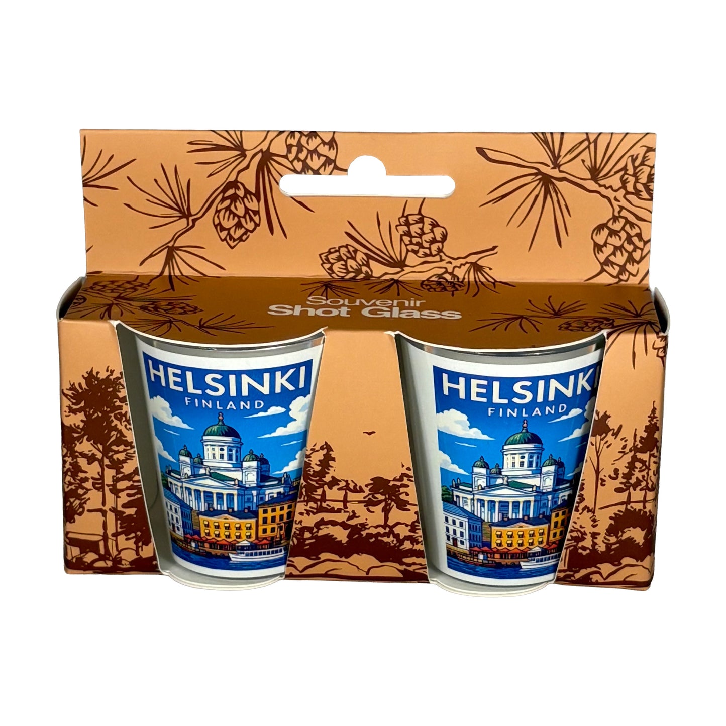 Shotglas Helsingfors 2-pack i förpackning, sedd rakt framifrån.