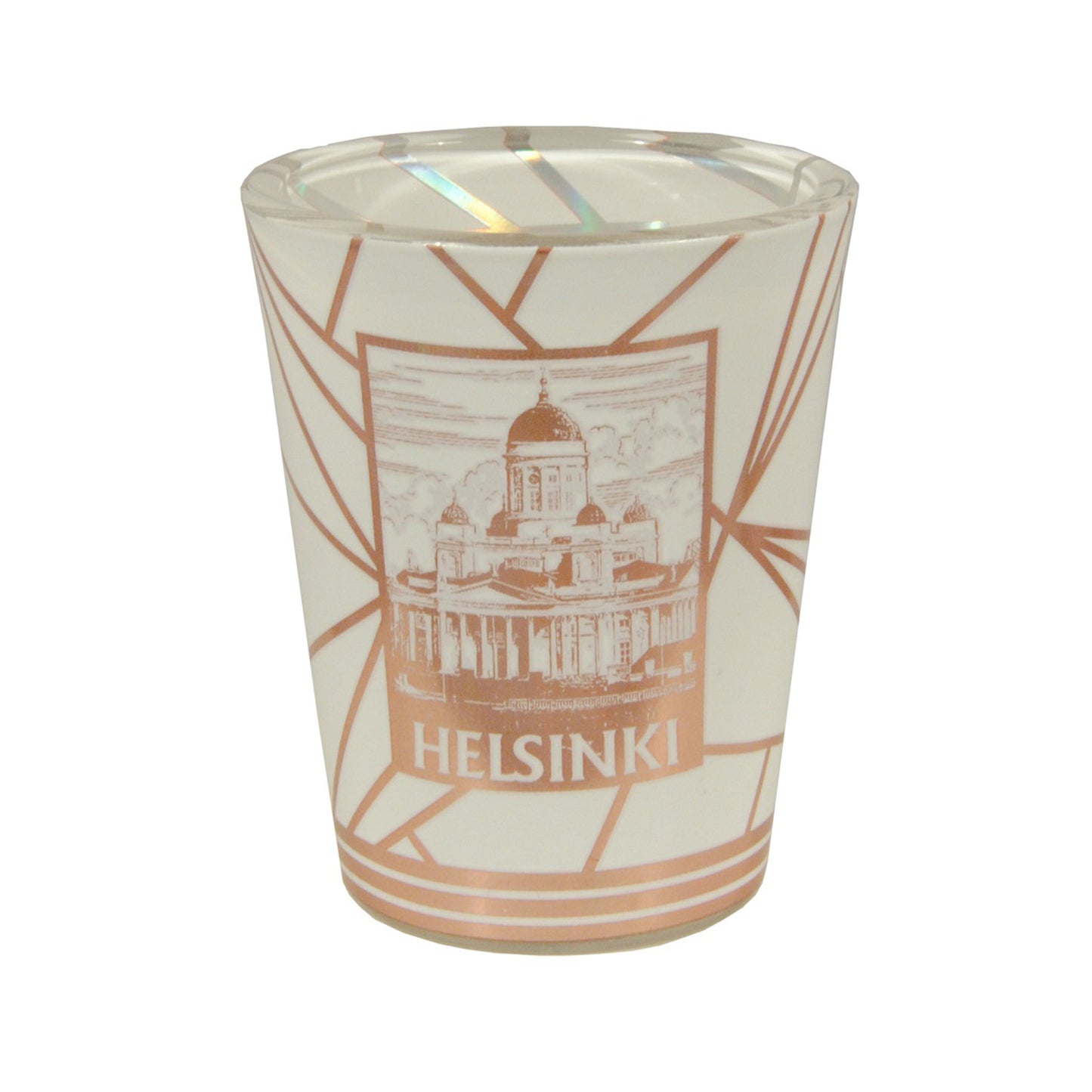 Vitt shotsglas med motiv av Helsingfors katedral och texten 'Helsinki' i bronsfärg.