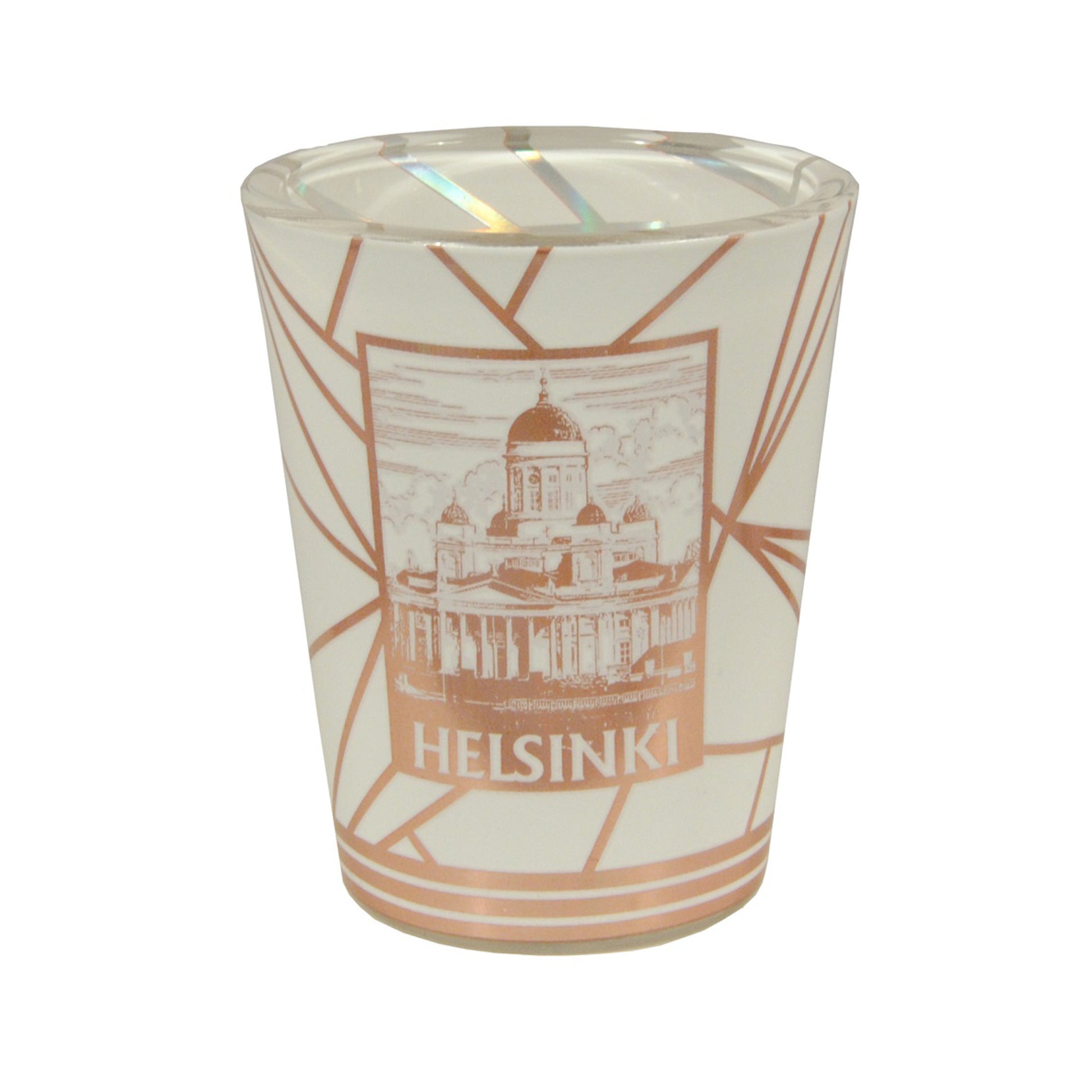 Vitt shotsglas med motiv av Helsingfors katedral och texten 'Helsinki' i bronsfärg.