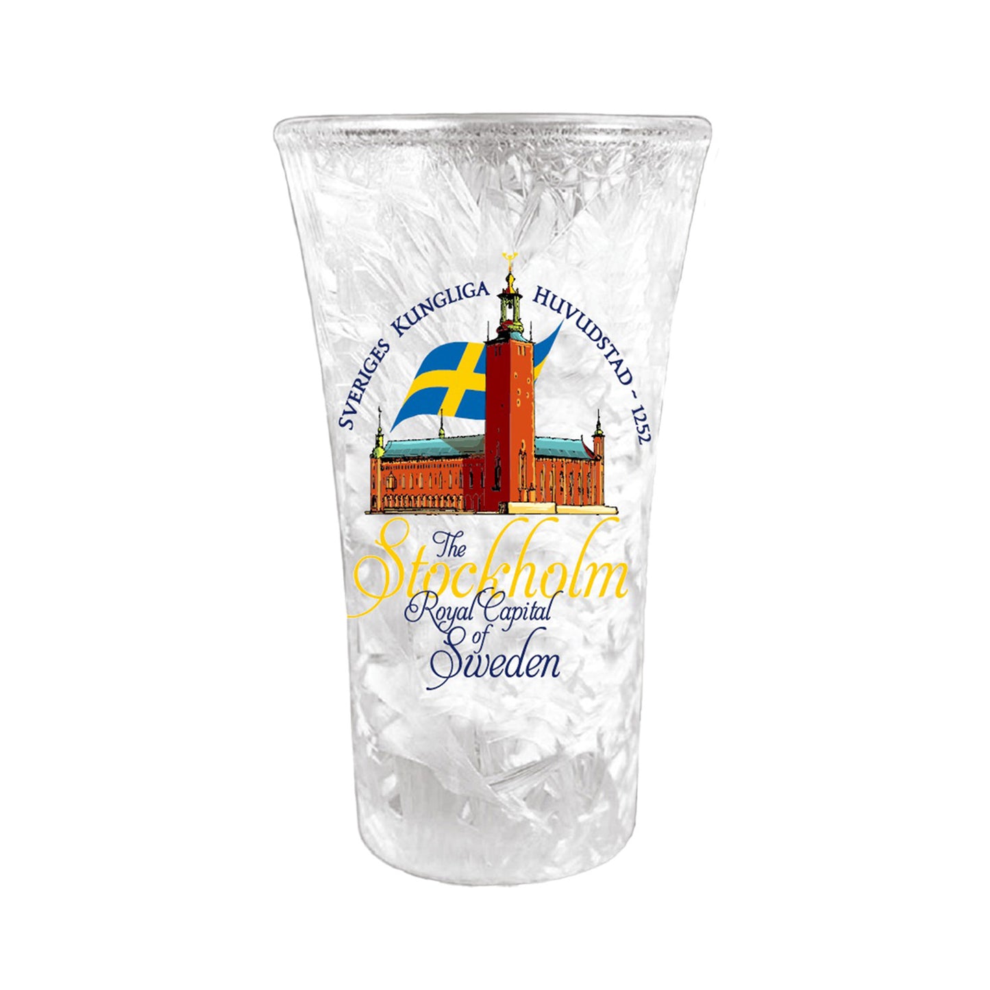 Shotsglas i frostat glas med motiv av Stockholms stadshus och texten The royal capital of Sweden.