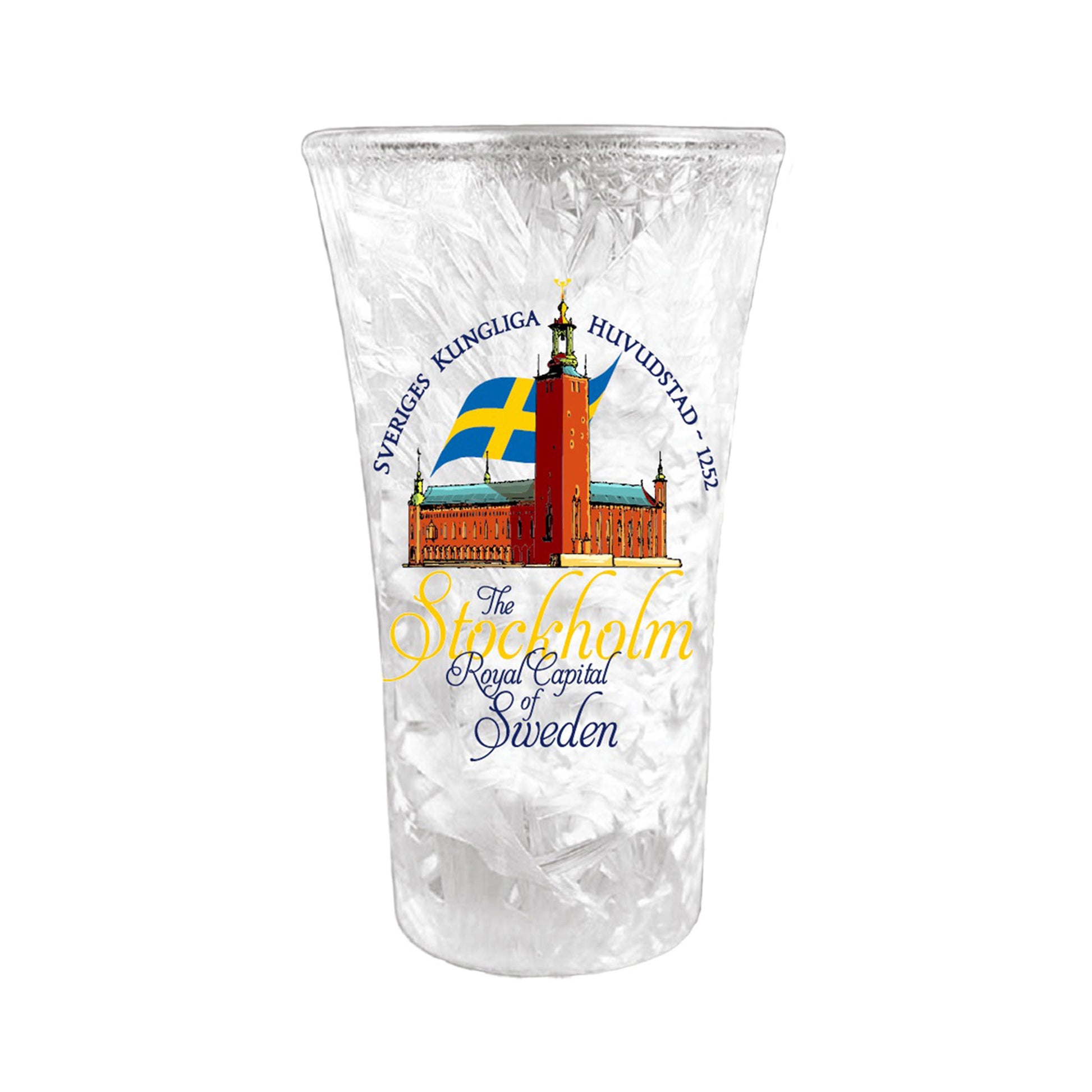 Shotsglas i frostat glas med motiv av Stockholms stadshus och texten The royal capital of Sweden.
