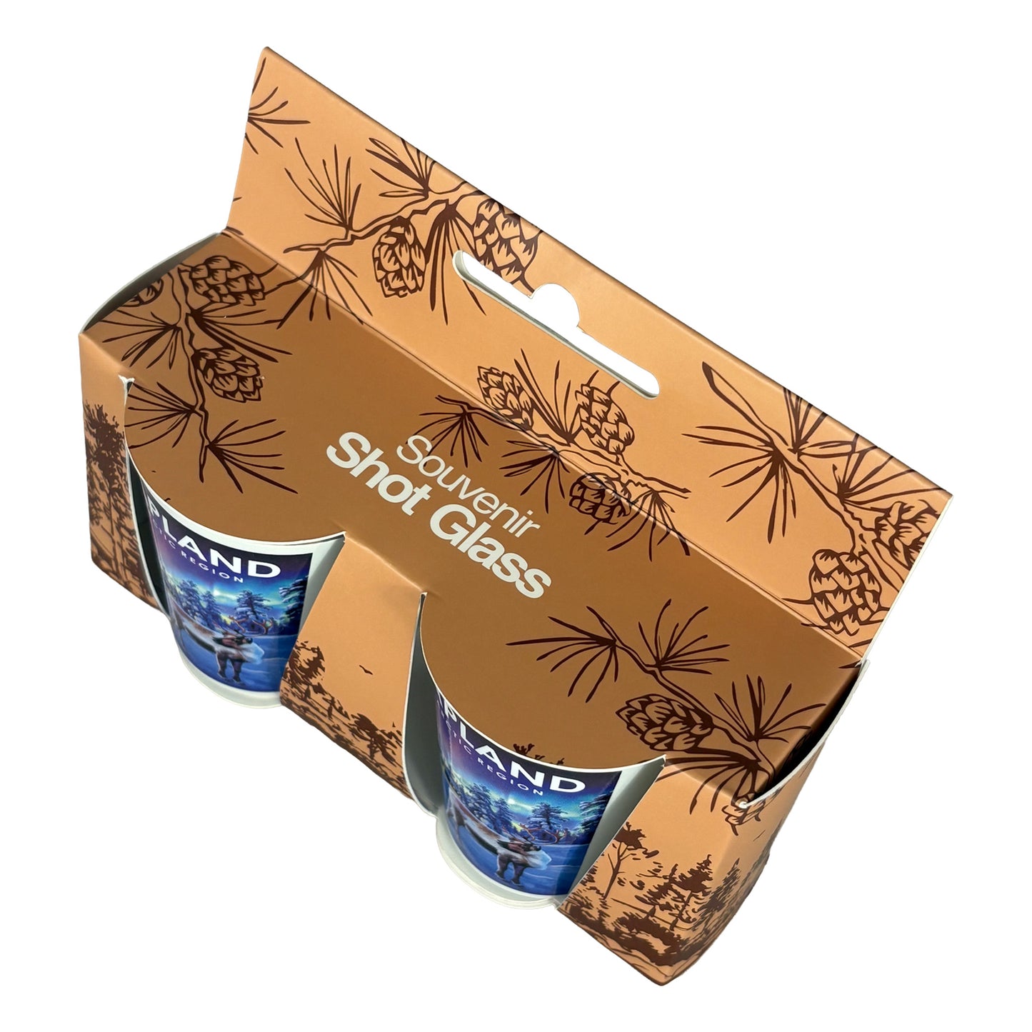 Vy uppifrån på två shotglas i förpackning med texten "Souvenir Shot Glass" på toppen.