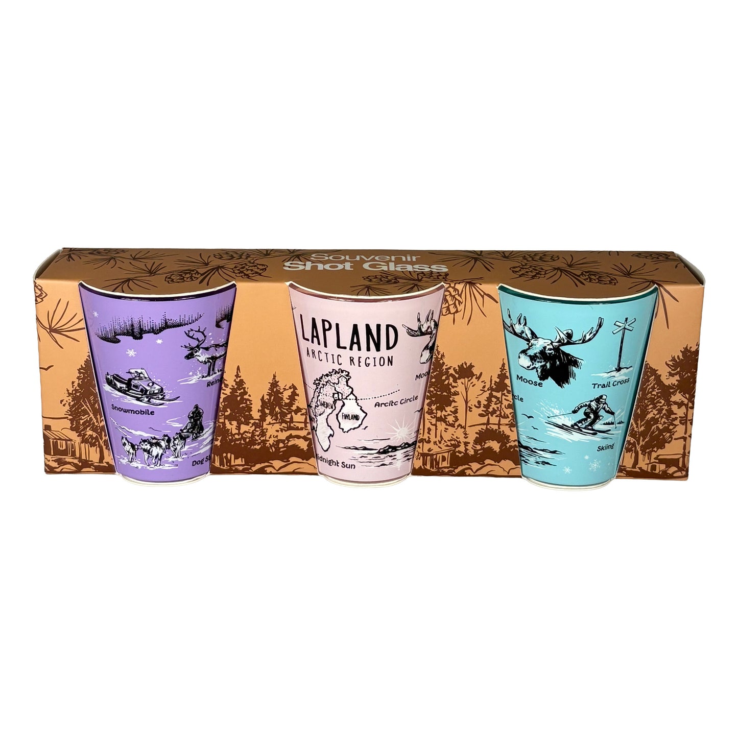 Shotglas 3-pack i förpackning, sett framifrån med lila, rosa och ljusblå glas tydligt synliga.

