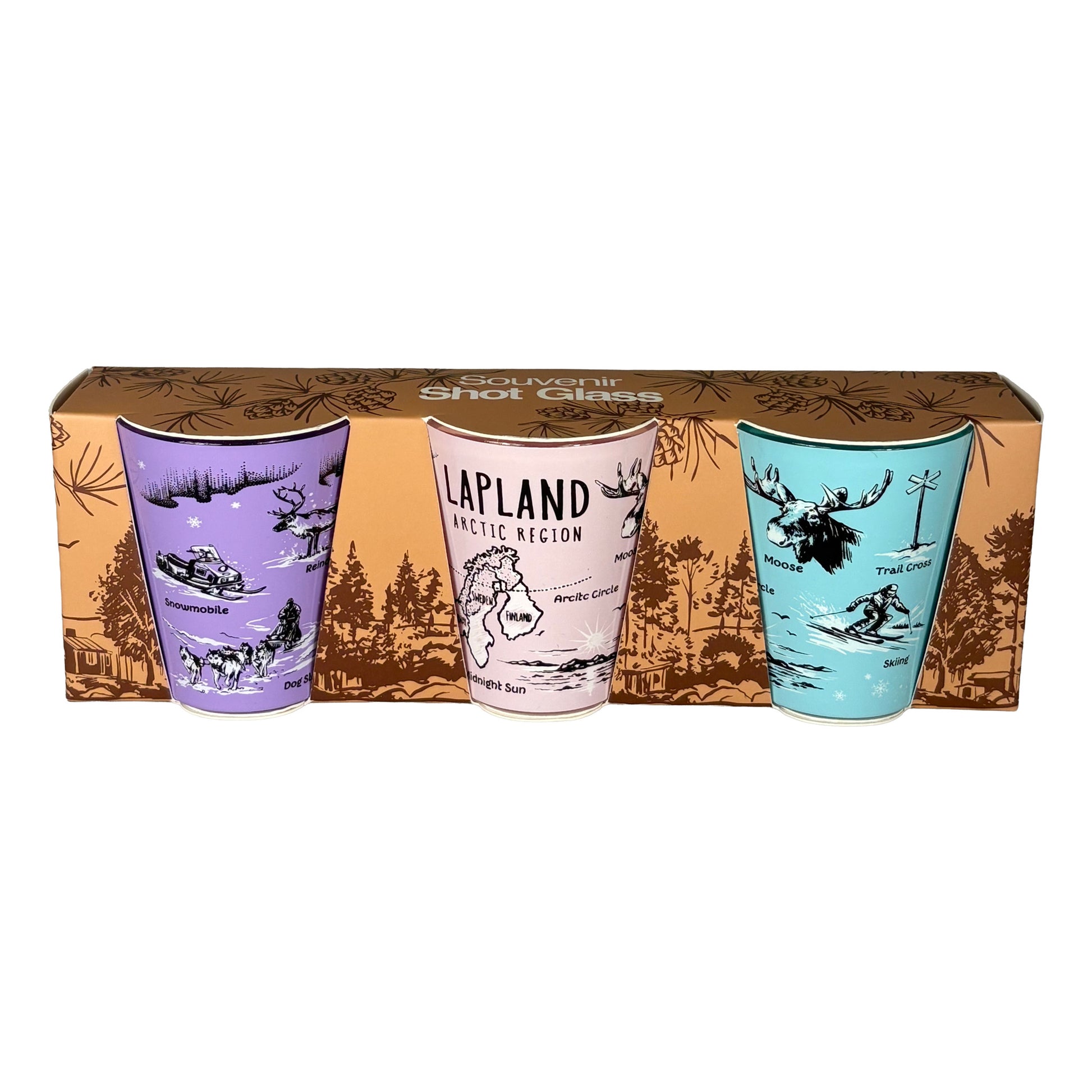 Shotglas 3-pack i förpackning, sett framifrån med lila, rosa och ljusblå glas tydligt synliga.

