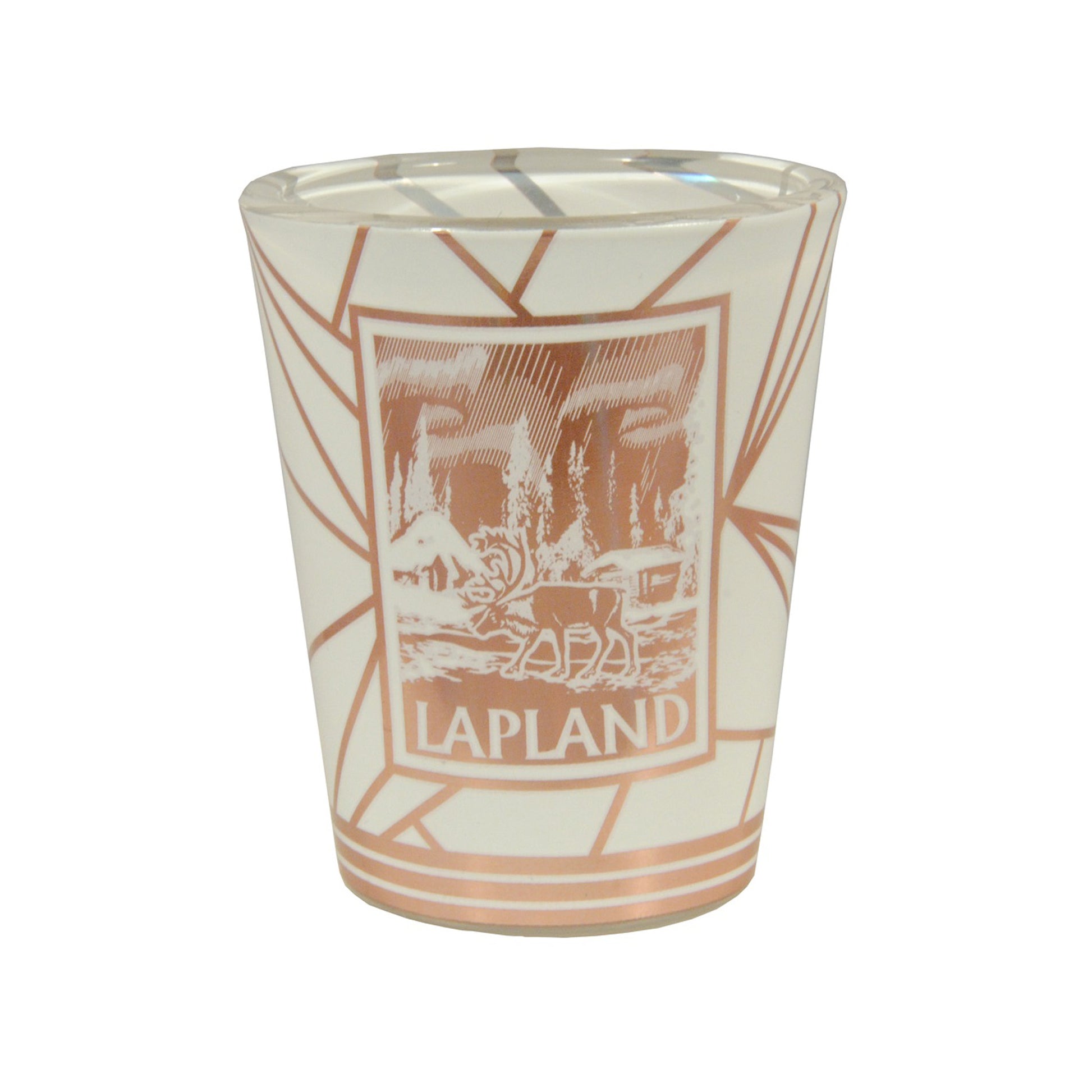 Vitt shotglas med rosa guld-tryck föreställande en ren och vintermotiv från Lappland – en högkvalitativ och vacker souvenir.