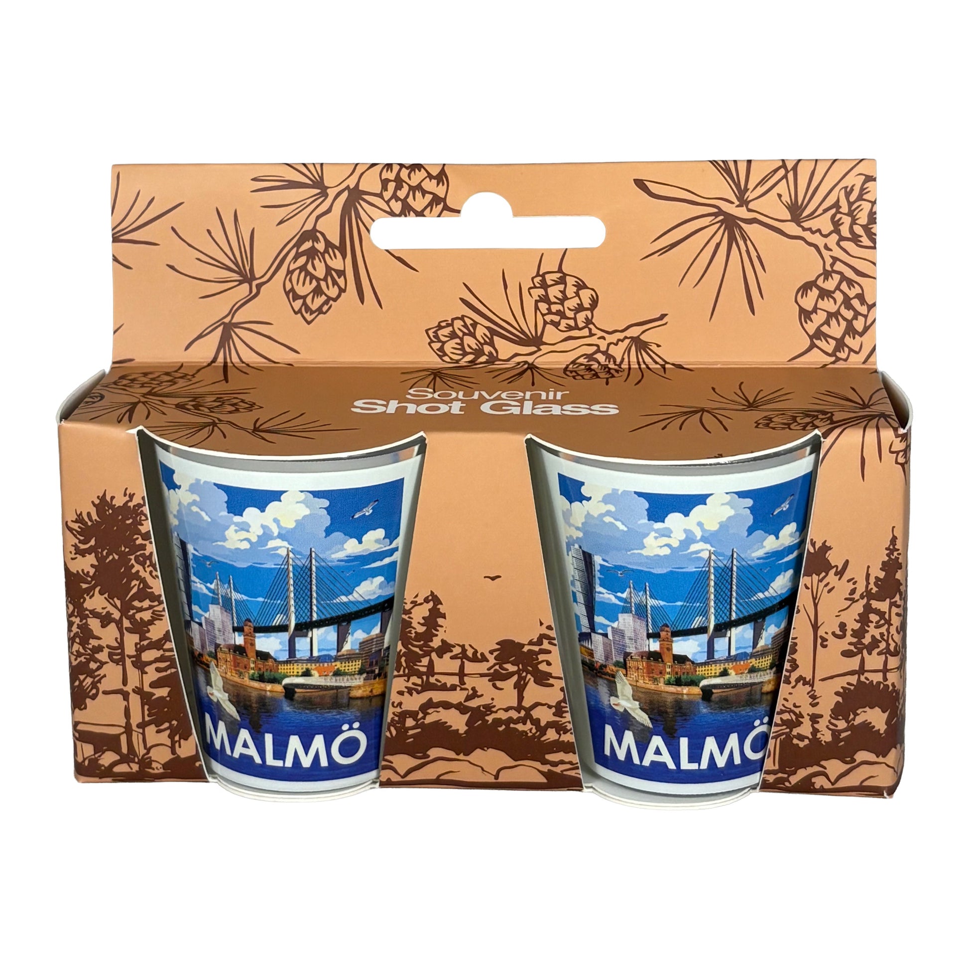 Två shotglas i förpackning med upphängningsögla för enkel exponering.
