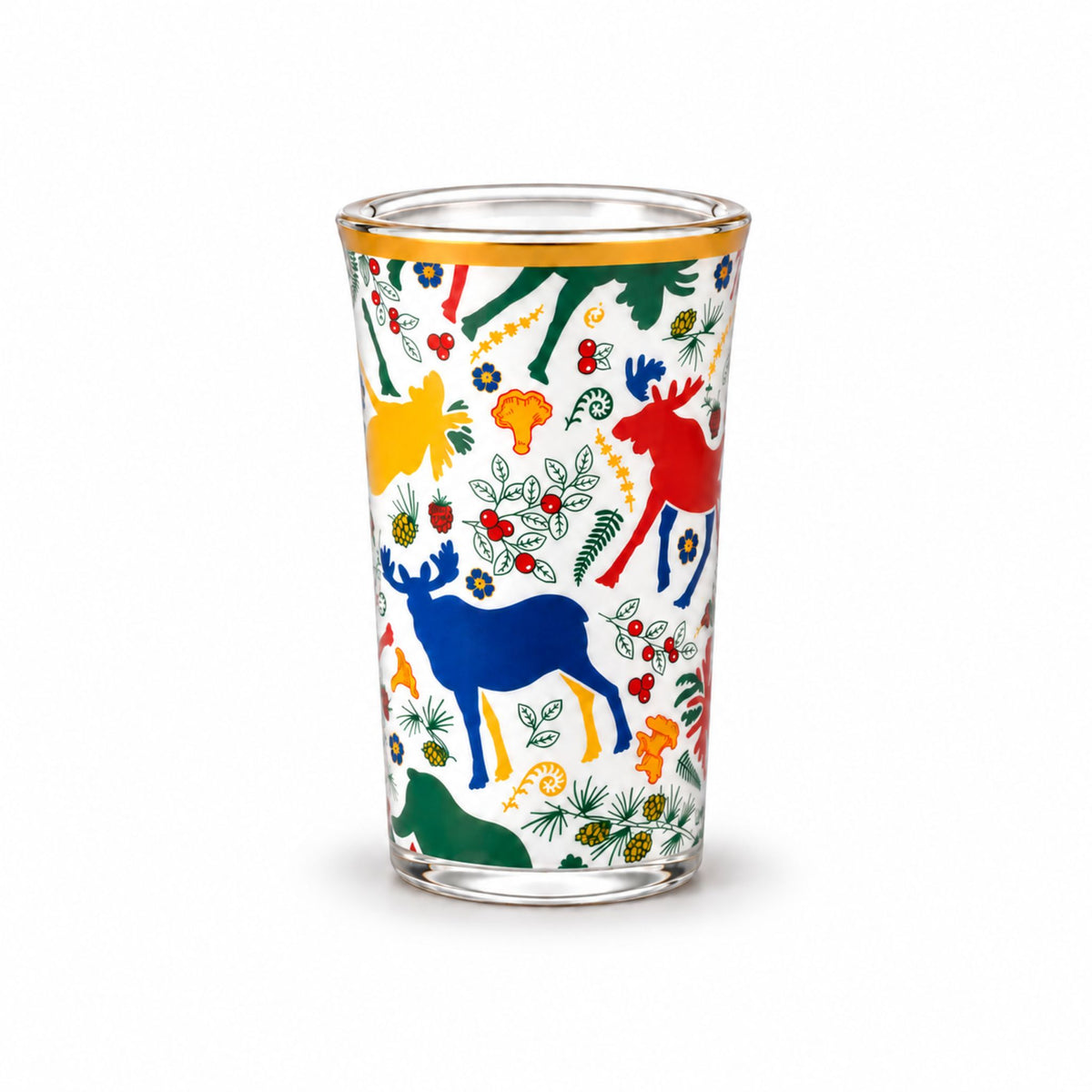 Vitt shotglas med guldkant och färgglada älgar i ett lekfullt mönster – en festlig souvenir med svensk känsla.