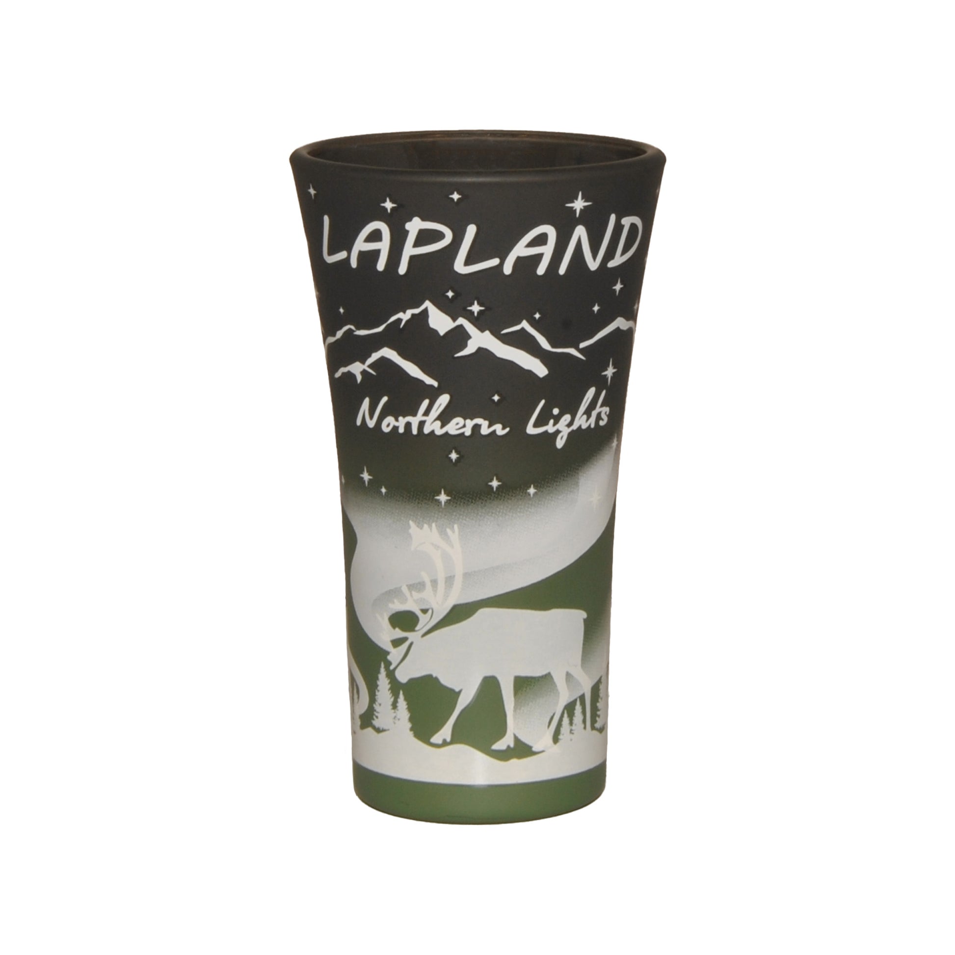 Shotglas i svart och grönt med motiv av renar och norrsken samt texten "Lapland – Northern Lights".
