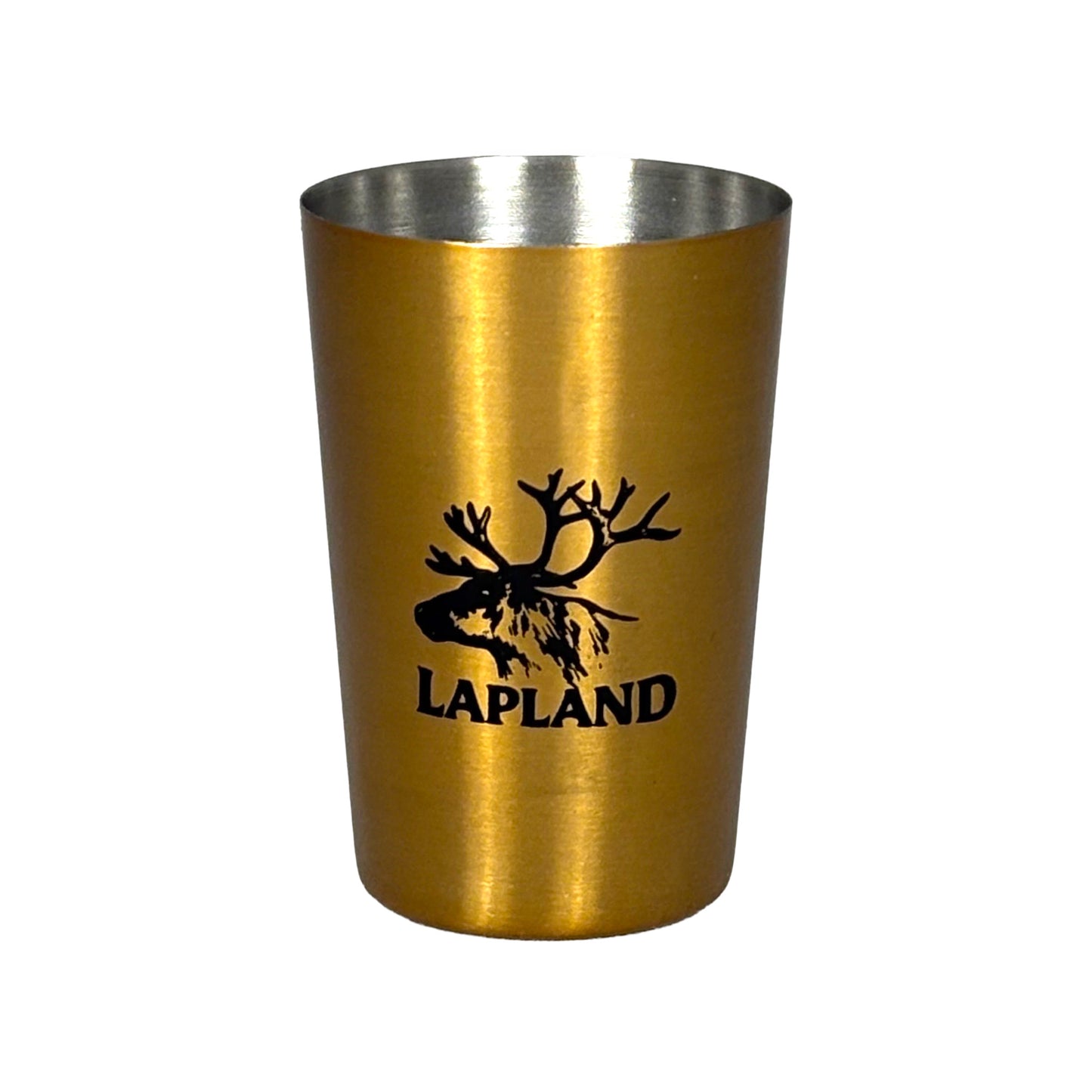 Guldfärgat shotglas i rostfritt stål med svart renhuvud och texten "Lapland".