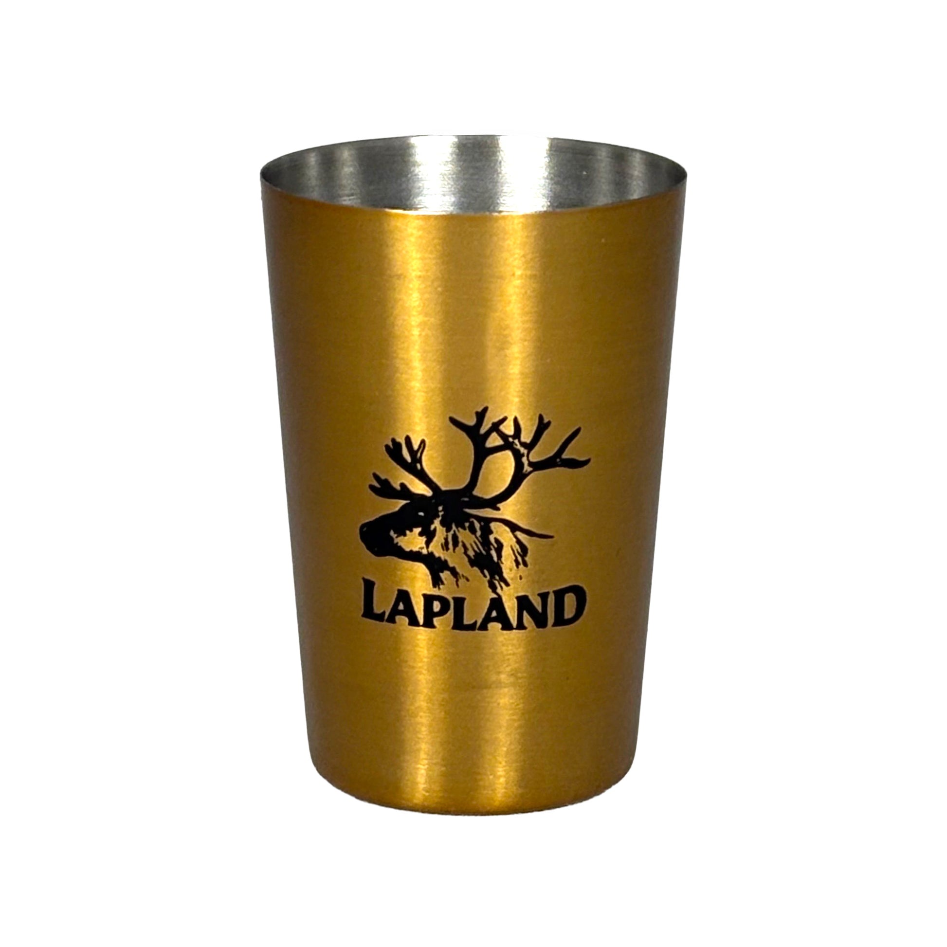 Guldfärgat shotglas i rostfritt stål med svart renhuvud och texten "Lapland".