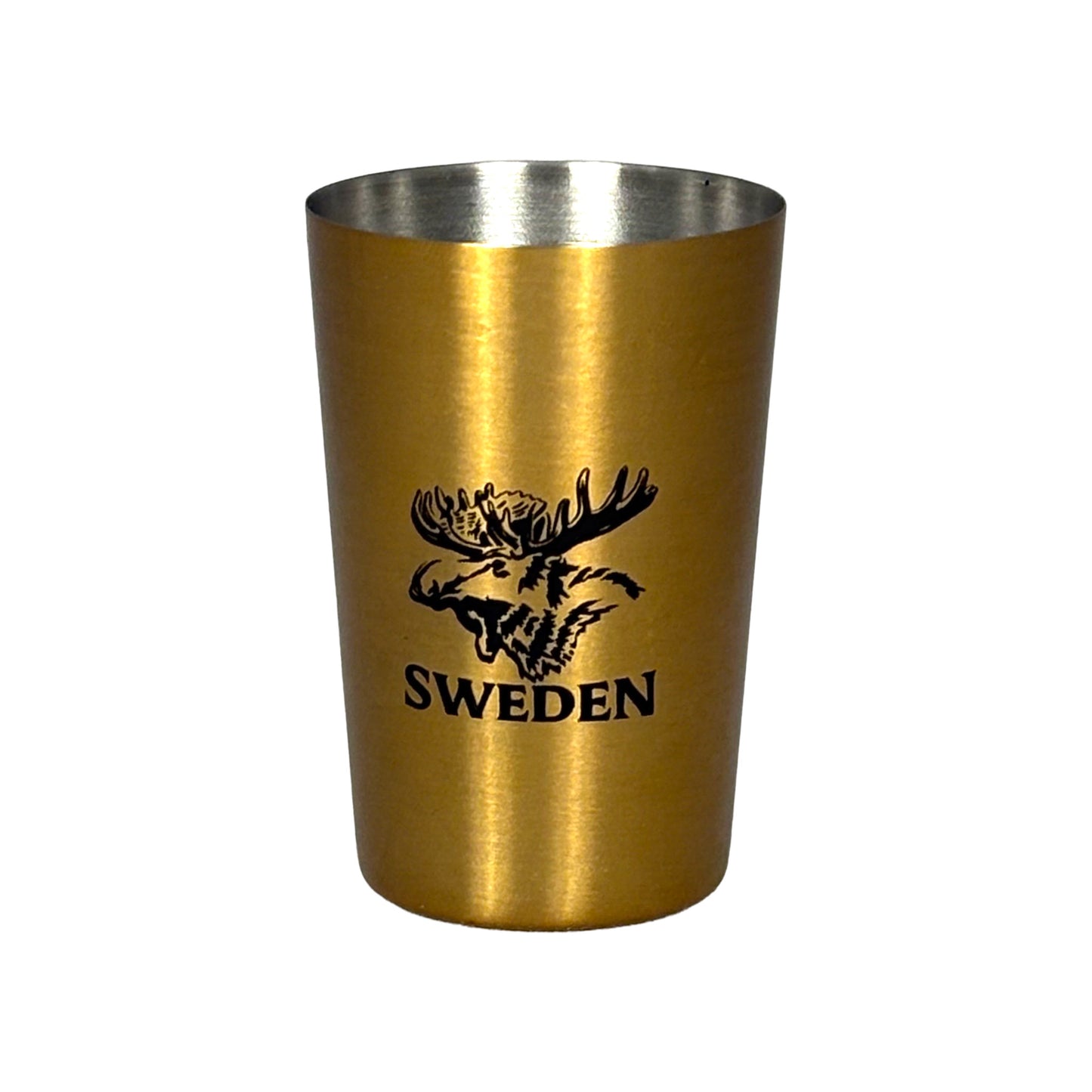 Guldfärgat shotglas i rostfritt stål med svart älghuvud och texten "Sweden".