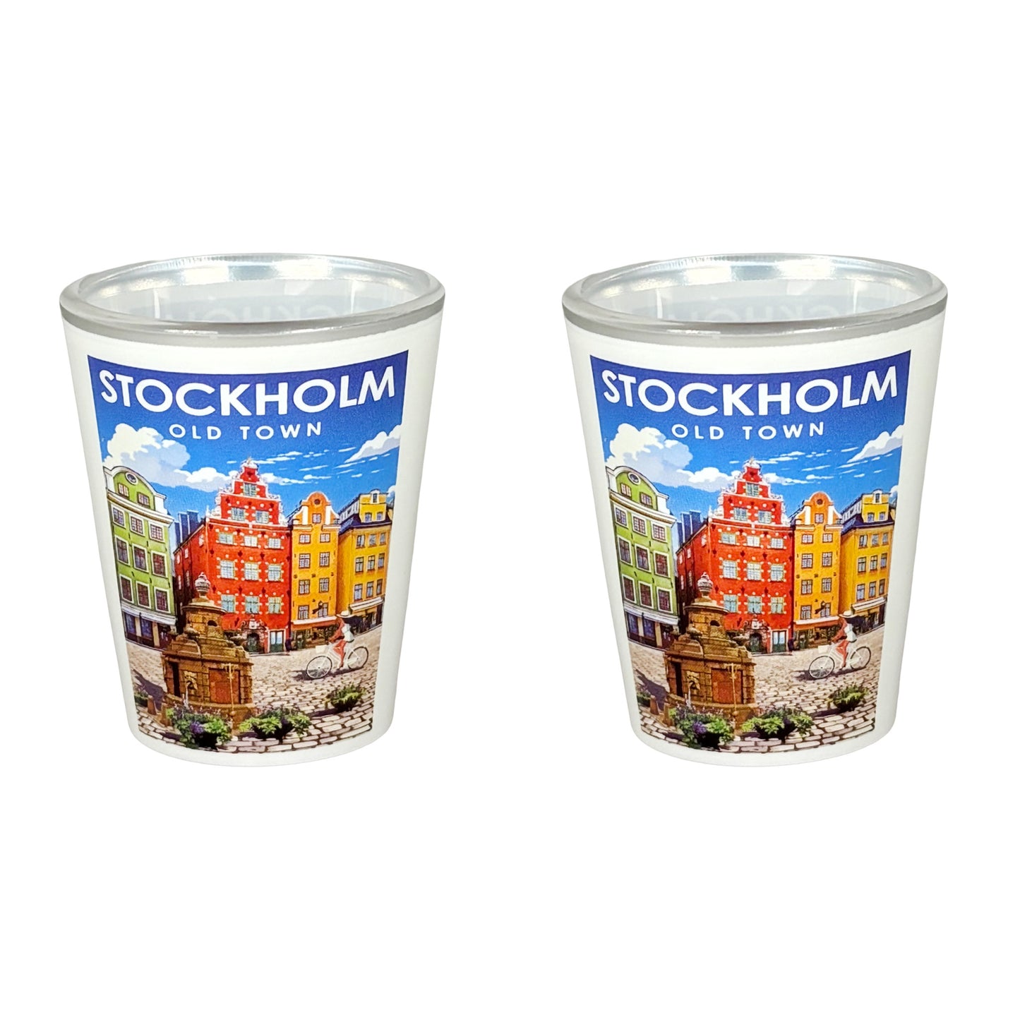 Två shotglas med Stockholm-motiv, levereras som 2-pack – en festlig souvenir och present.
