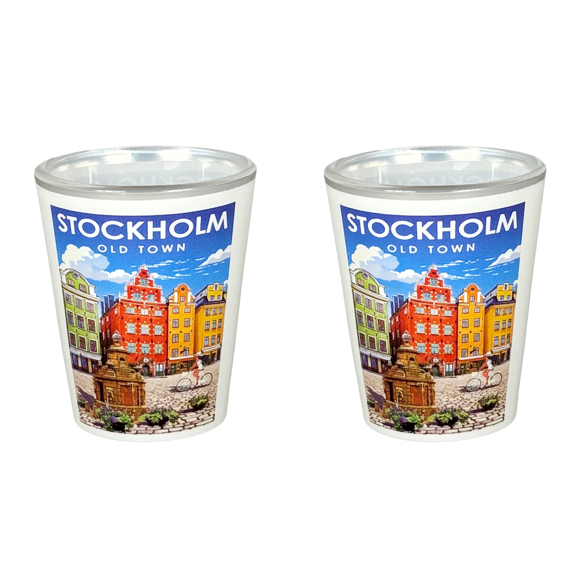 Två shotglas med Stockholm-motiv, levereras som 2-pack – en festlig souvenir och present.