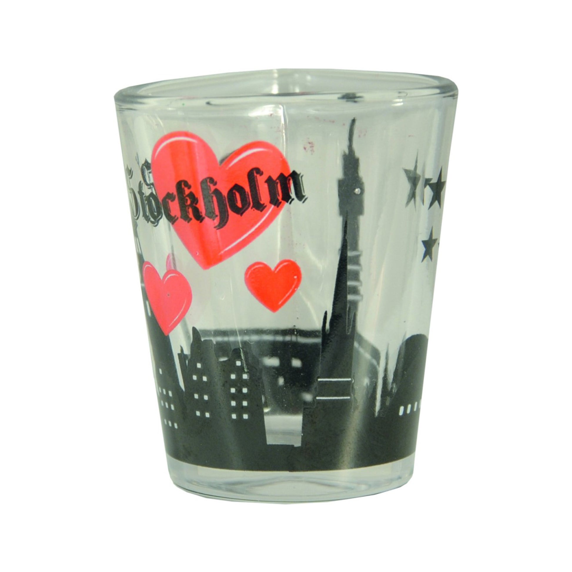 Hjärtformat shotglas med Stockholm svart Skyline-motiv. Glaset är också dekorerat med röda hjärtan i olika storlekar.