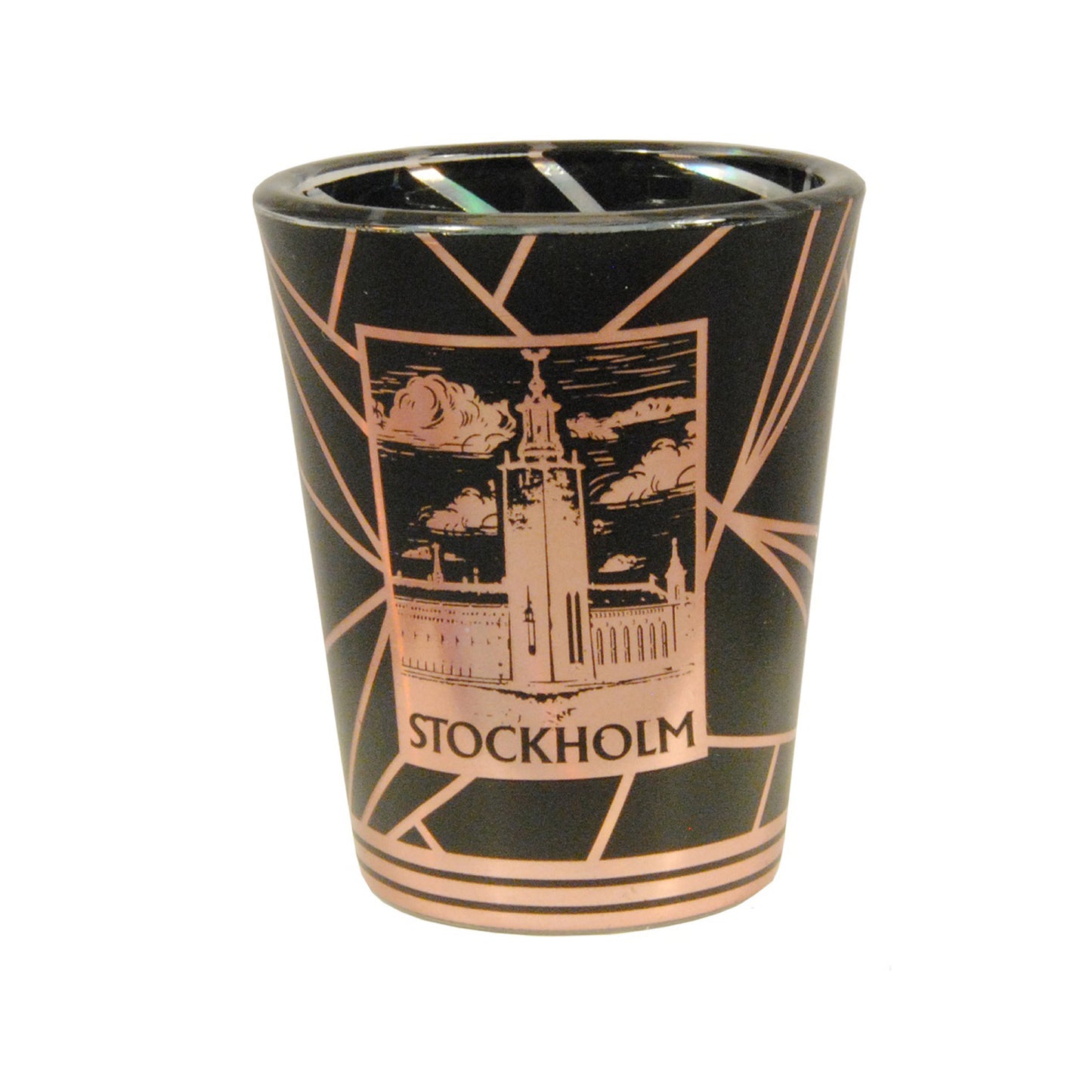 Svart shotglas med Stockholmsmotiv tryckt i roséguld – 6 cm högt och 5 cm brett, elegant souvenir från Sveriges huvudstad.