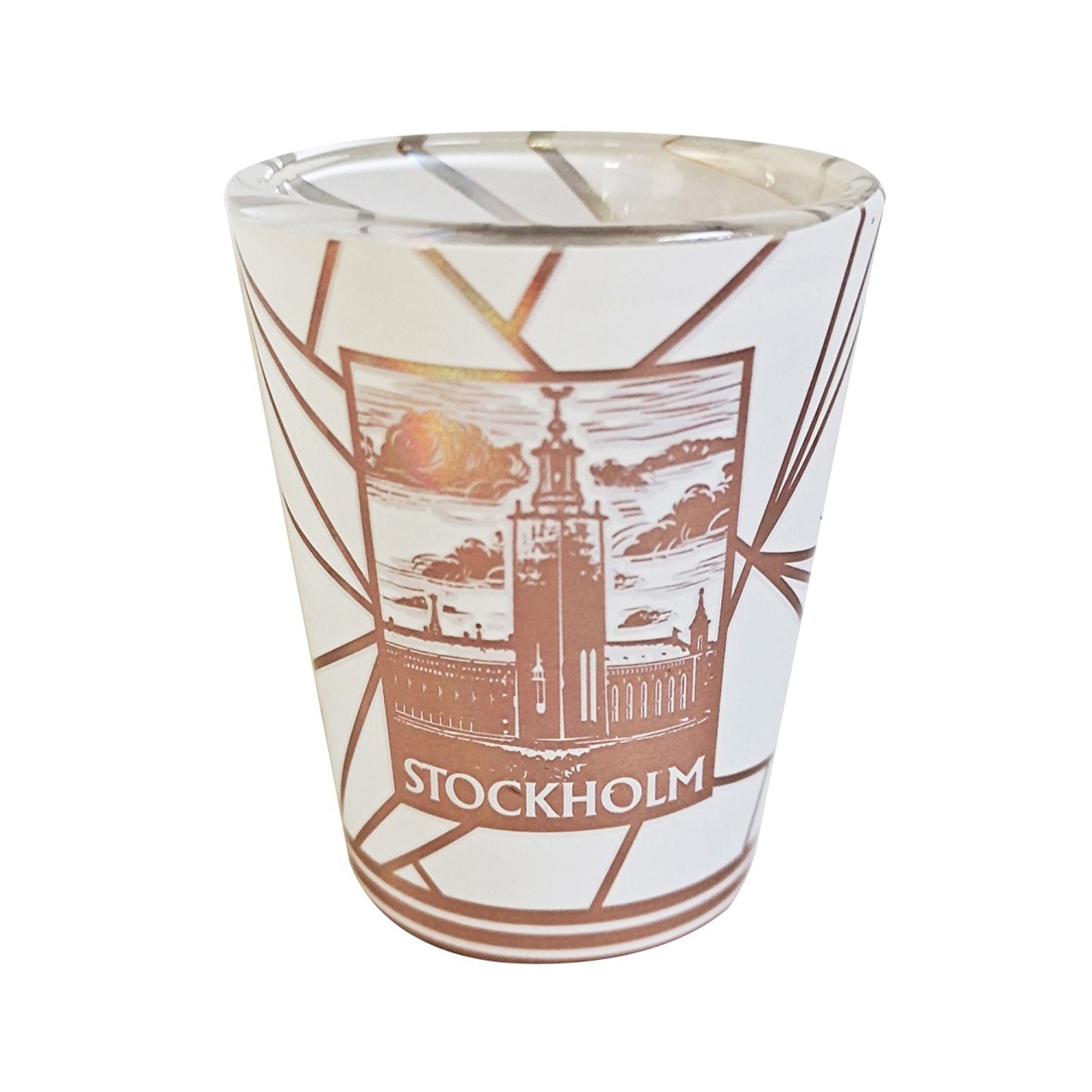 Shotglas med Stockholmsmotiv i roseguld på vit botten.