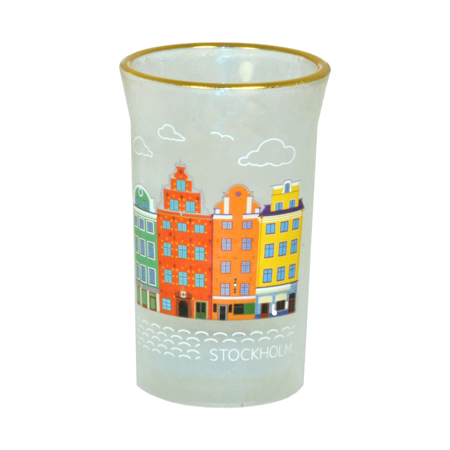 Elegant frostat shotglas med guldkant, motiv av Stockholms Stortorg och texten "Stockholm", en stilfull souvenir från Sveriges huvudstad.