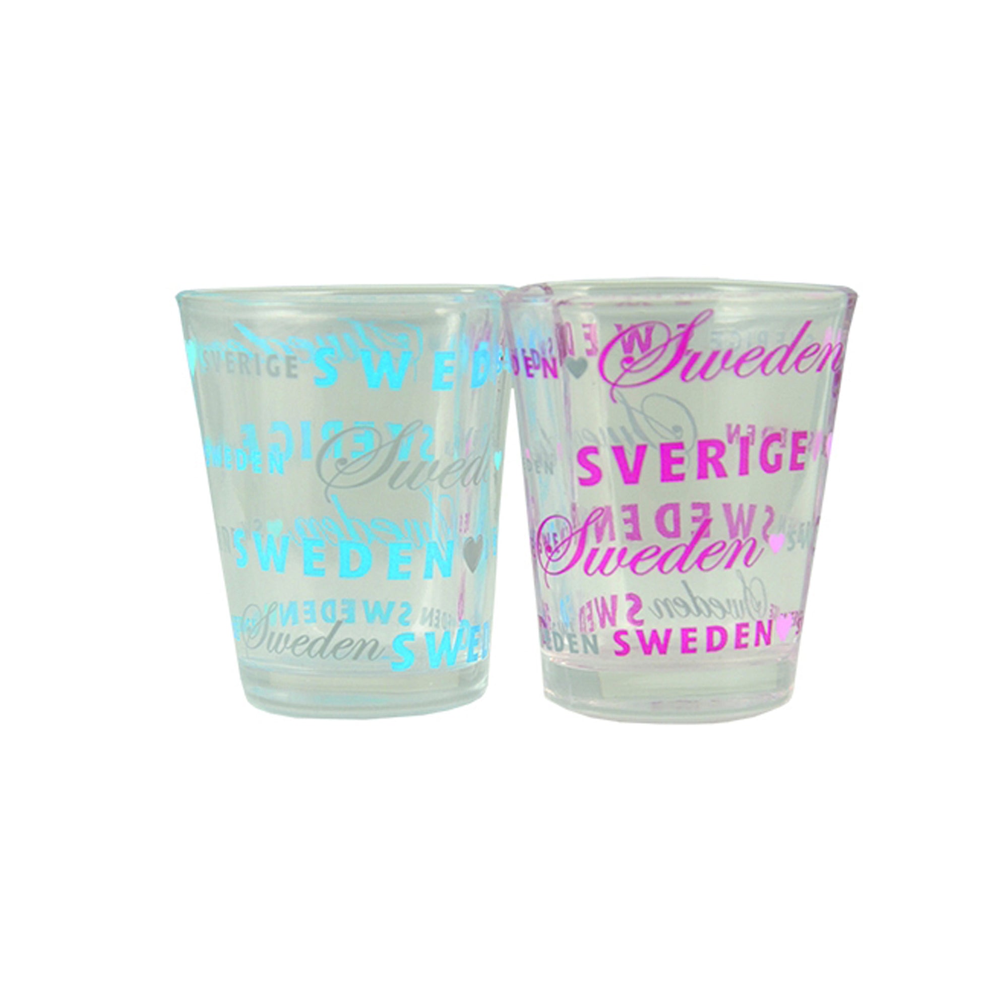 Hjärtformade shotglas, 6 cm, i ljusblått och rosa med texten Sverige Sweden.