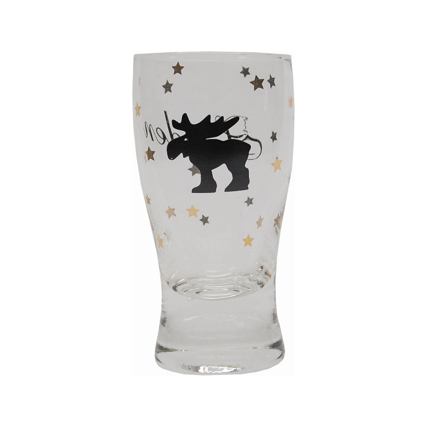 Shotglas, 8 cm, med smäcker form och motiv av stående älg i svart och stjärnor i guld  tillsammans med texten Sverige Sweden.