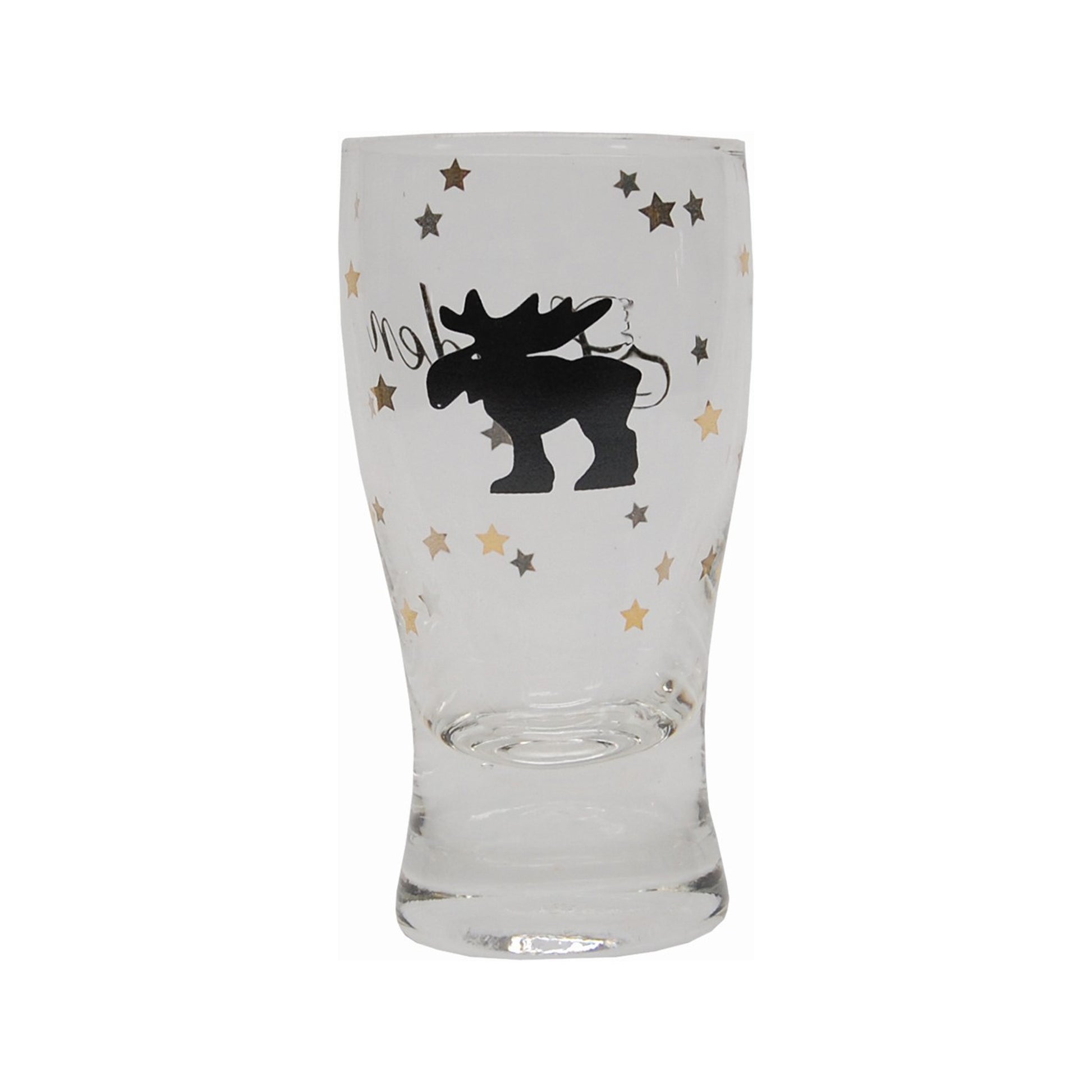Shotglas, 8 cm, med smäcker form och motiv av stående älg i svart och stjärnor i guld  tillsammans med texten Sverige Sweden.