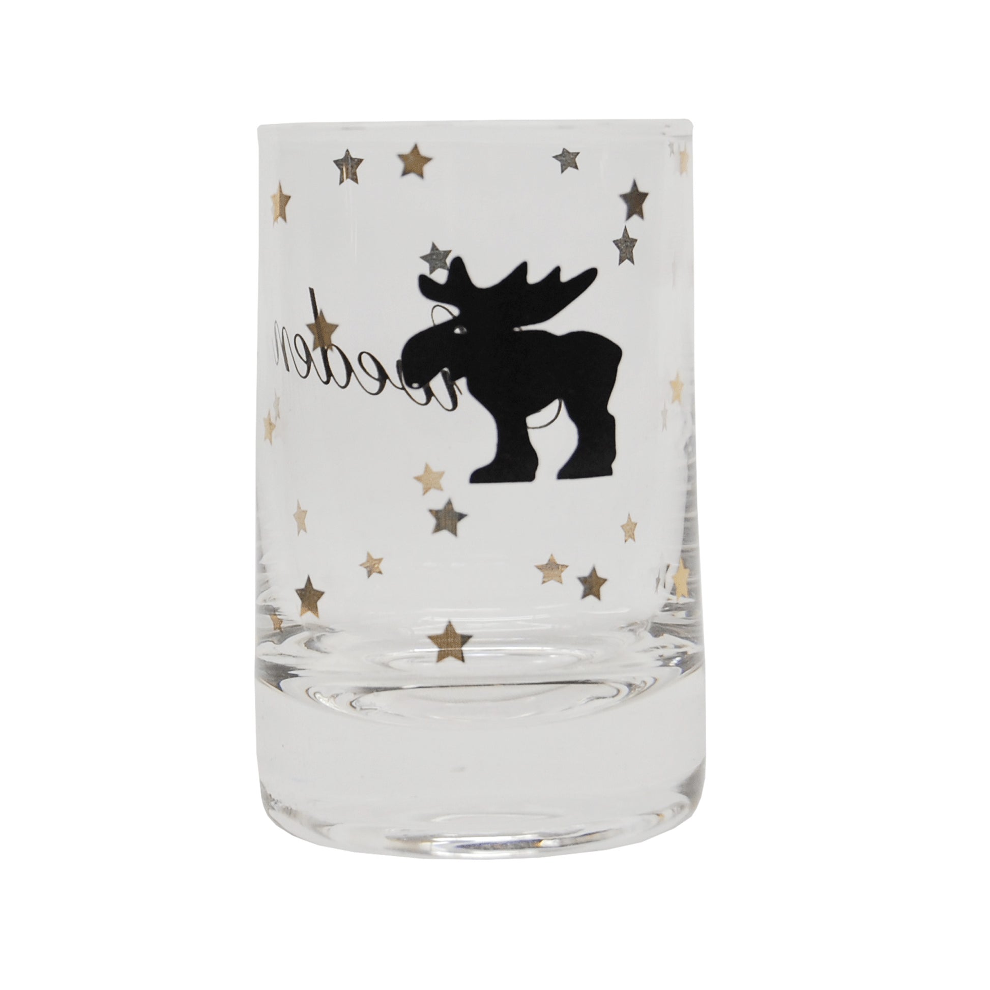 Shotglas med smäcker form och tryck av stående älg, stjärnor och texten Sweden – en stilren och dekorativ souvenir.