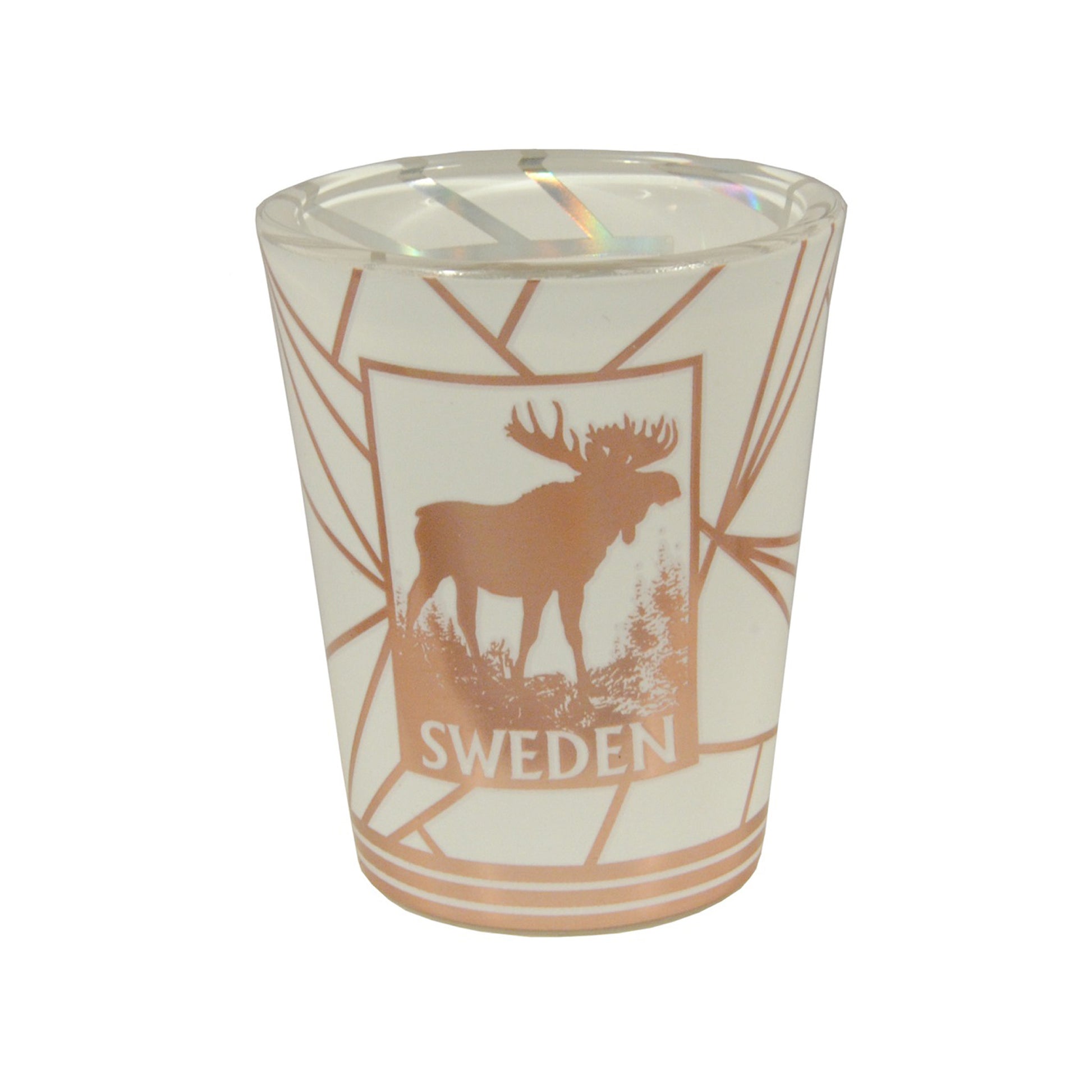 Vitt souvenir-shotglas med älgmotiv och texten Sweden i roséguldsfärgat tryck.