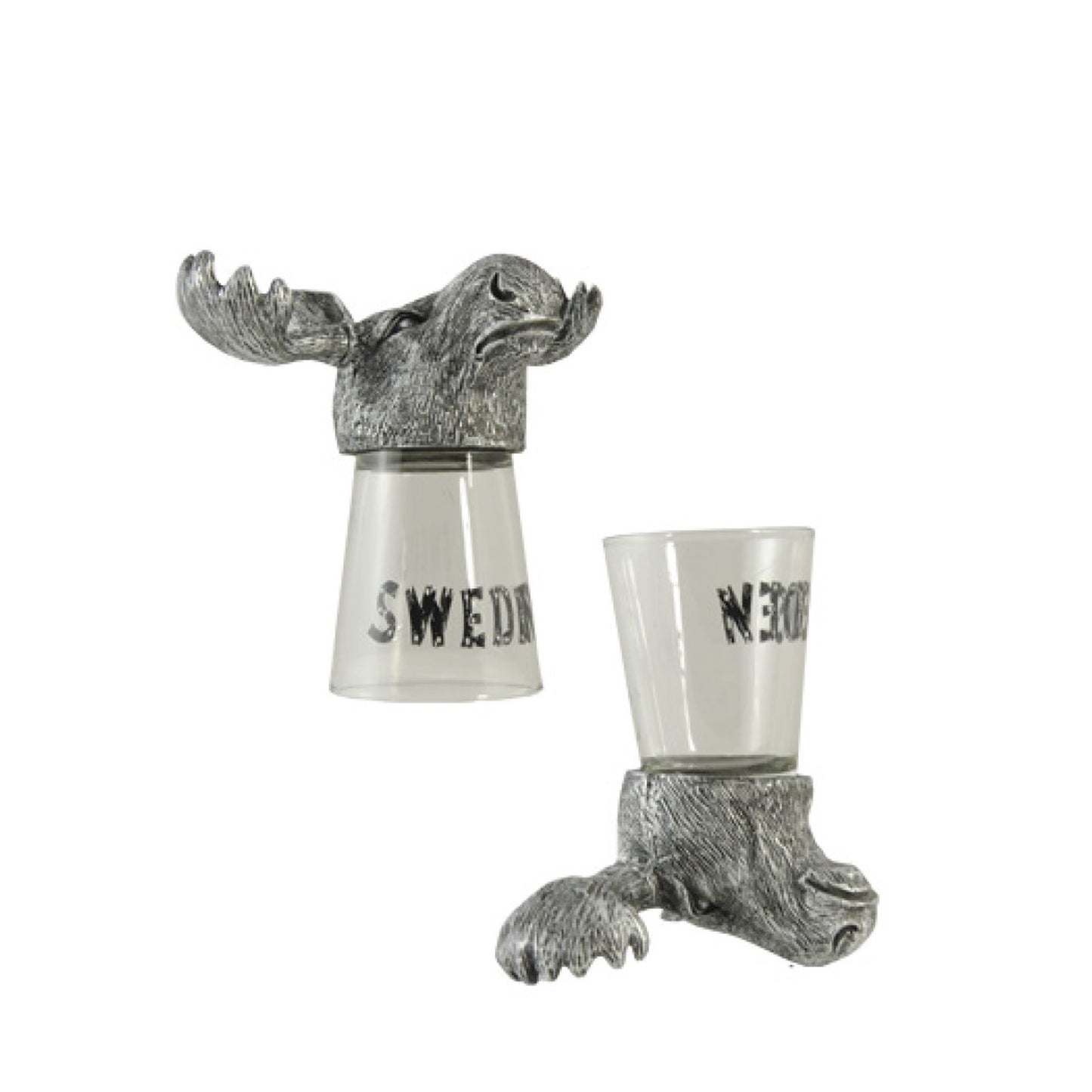 Souvenir shotglas som står upp och ner på ett älghuvud av polyresin – en rolig och populär design med texten Sweden.