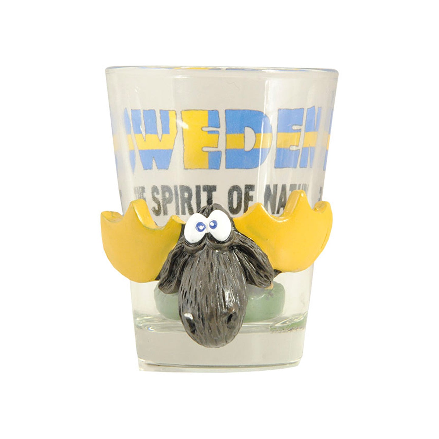 Shotglas med rolig älg och texten Sweden – The Spirit of Nature, 6 cm högt – älghuvudet i polyresin sitter på utsidan av glaset och kroppen på insidan, en rolig och populär souvenir.