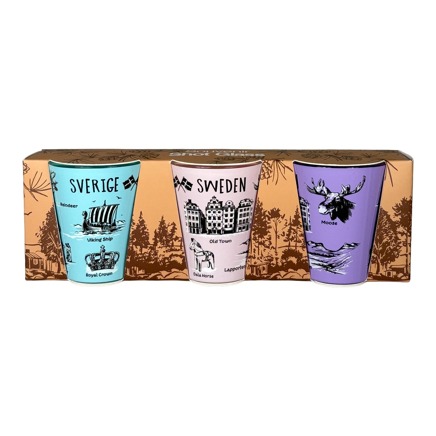 Shotglas 3-pack i förpackning, sett framifrån med de tre färgglada glasen tydligt synliga.