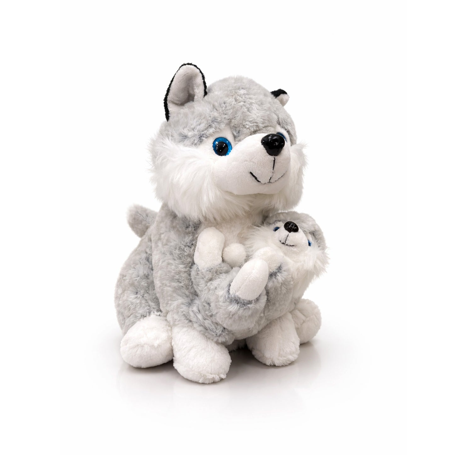 sittande husky-gosedjur på 25 cm med en liten baby, populär tack vare sitt gulliga utseende och mjuka material.