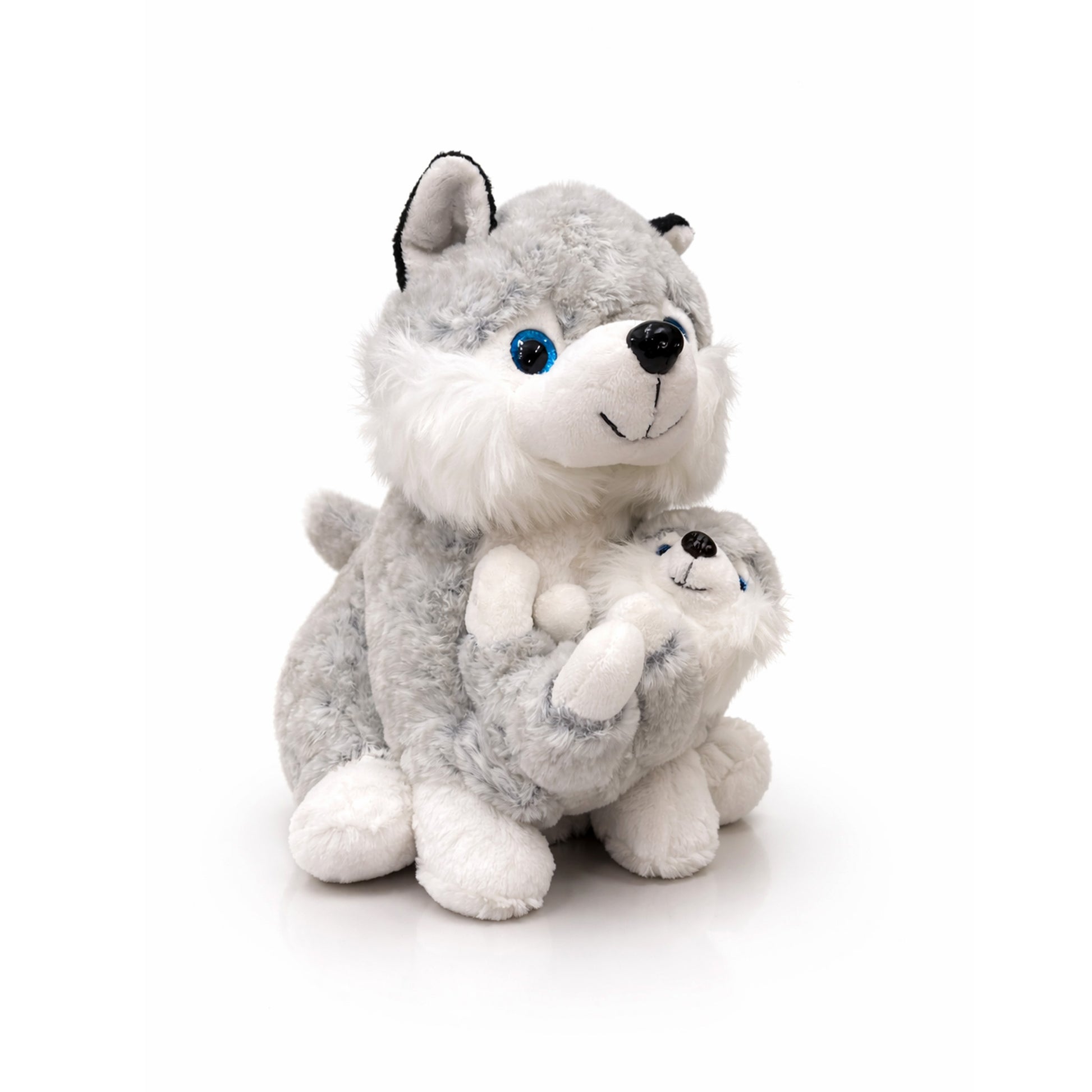 sittande husky-gosedjur på 25 cm med en liten baby, populär tack vare sitt gulliga utseende och mjuka material.