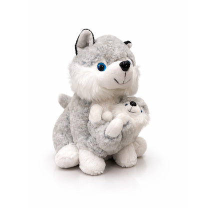 sittande husky-gosedjur på 25 cm med en liten baby, populär tack vare sitt gulliga utseende och mjuka material.