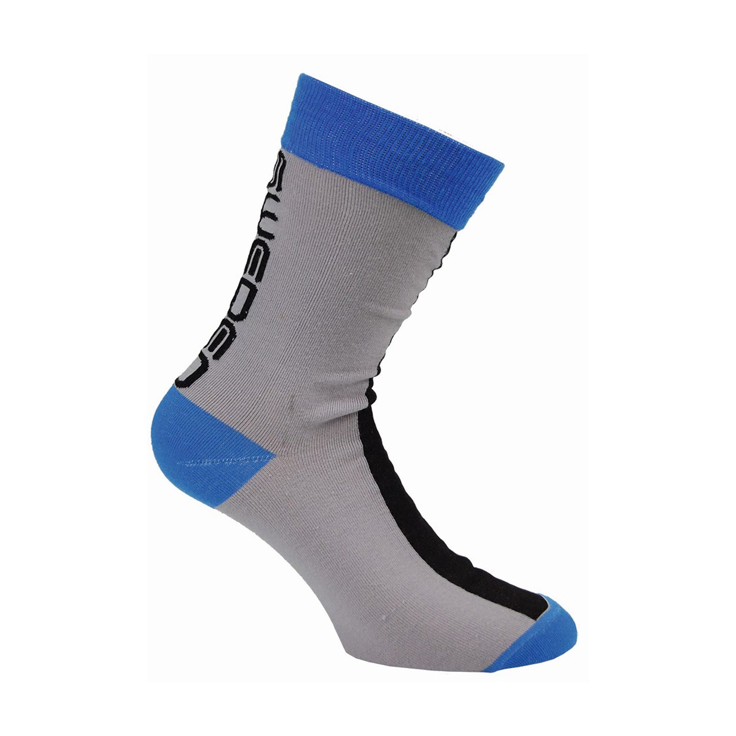 Ljusgrå socka med blå och svarta detaljer samt texten "SWEDEN" på vaden.