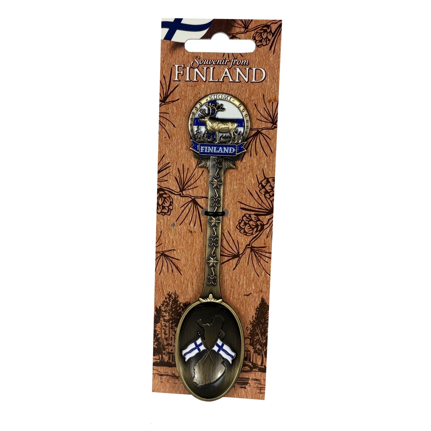Bronsfärgad souvenirsked med finska motiv på en ljusbrun hängetikett prydd med ett mörkbrunt skogsmotiv, finsk flagga och texten "Souvenir from Finland".