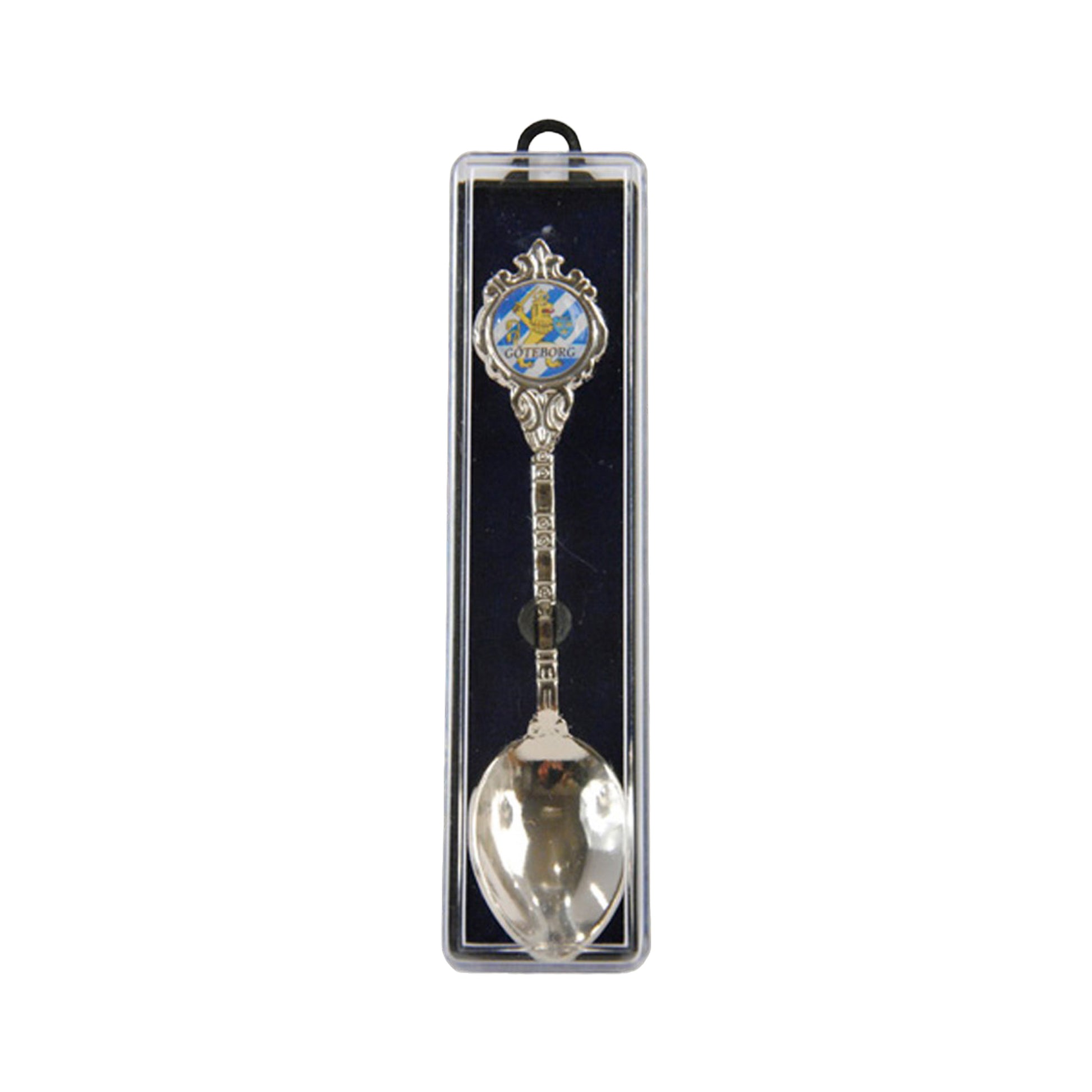 Souvenirsked med Göteborgs stadsvapen upptill, placerad i en presentask med genomskinligt lock.