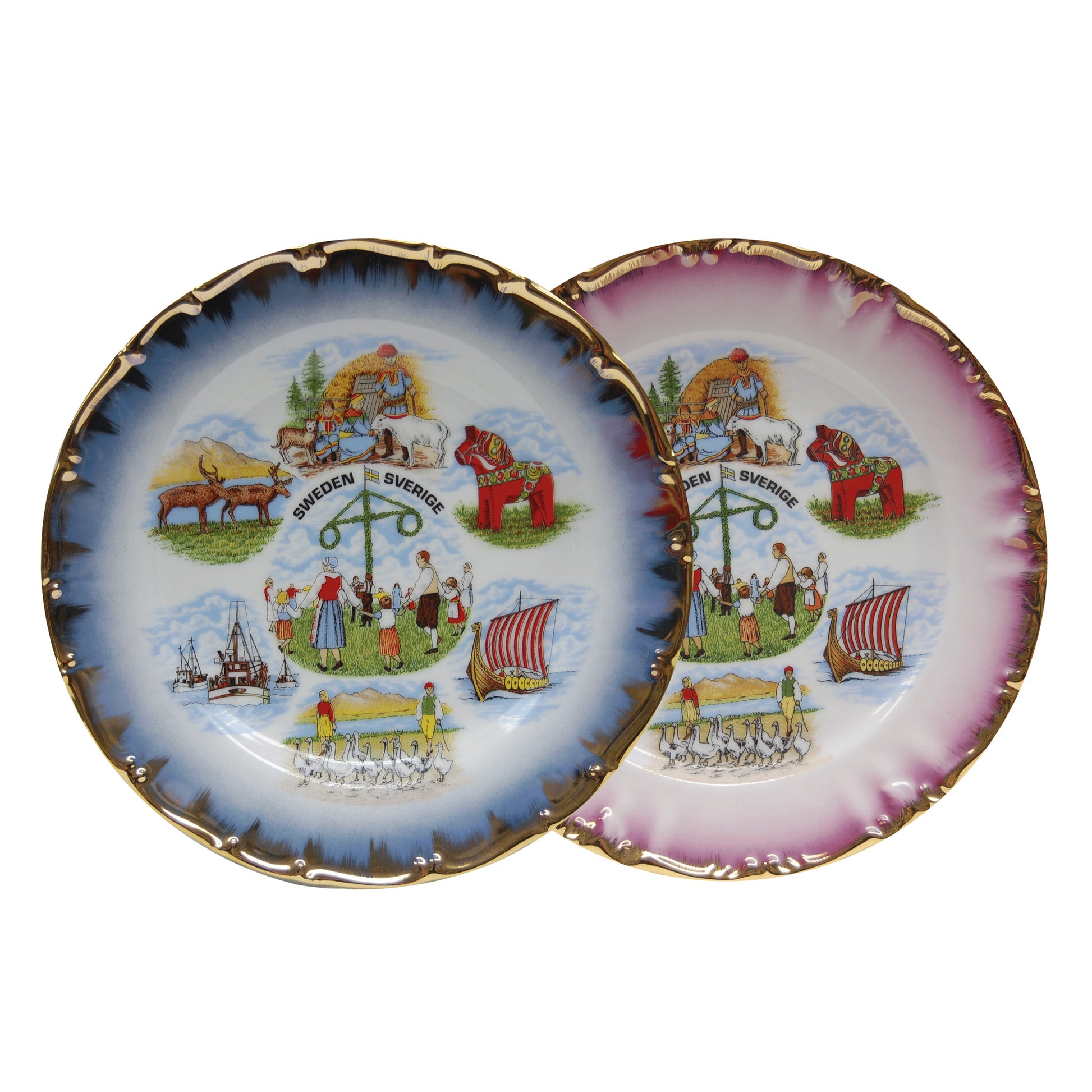 Souvenirtallrik med färgstarka motiv och texten Sverige Sweden, 19 cm. Turbotallrik med hänge, levereras i fönsterkartong.