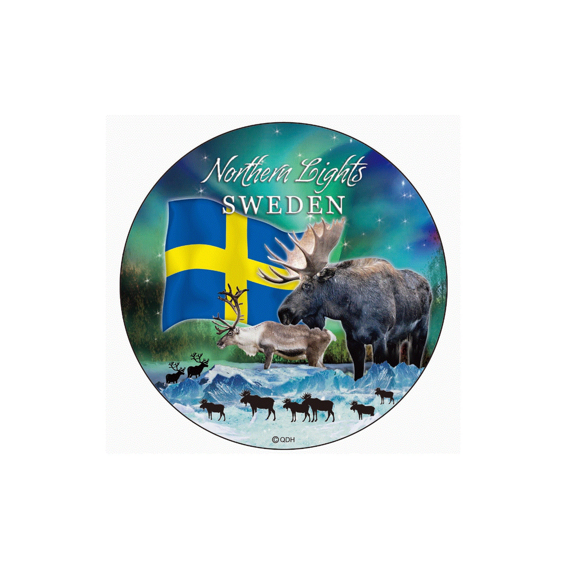 Närbild på motivet på mini souvenirtallriken – visar ett färgstarkt norrskensmotiv med texten "Sweden" och siluetter av renar mot en stjärnklar himmel.