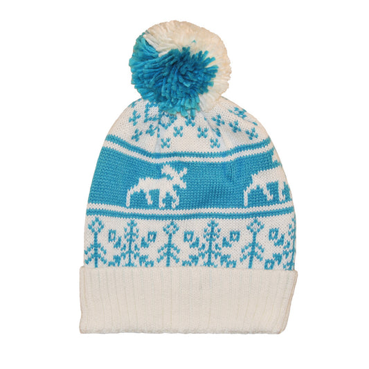 Ljusblå och vit stickad mössa med blått älgmönster och tofs. 