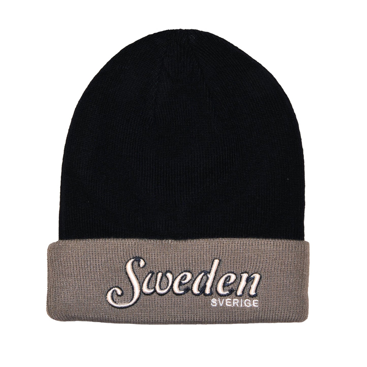 Mörkblå stickad mössa med grå kant och 3D-text "Sverige-Sweden" – en diskret och stilren souvenir.