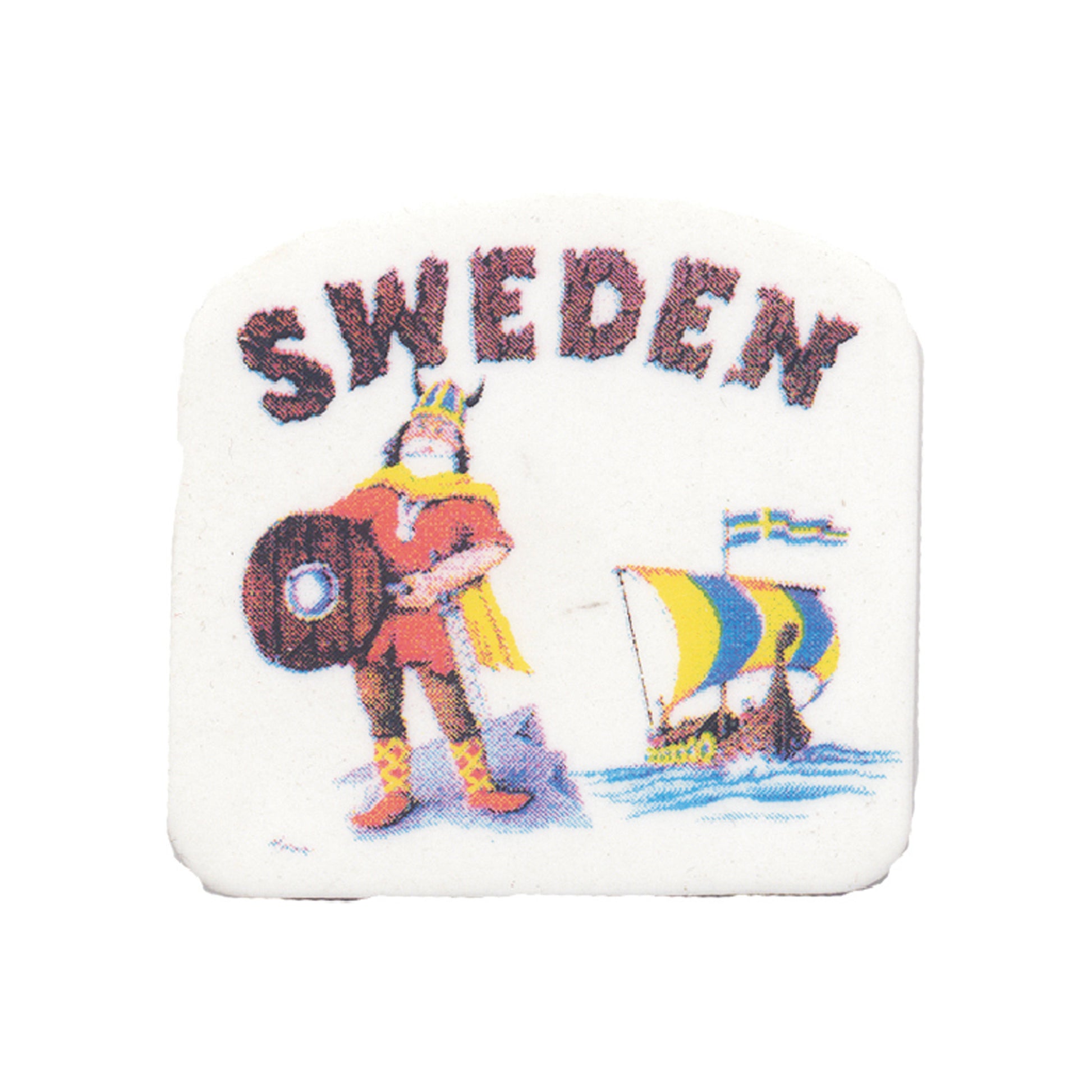 Suddgummi med motiv av en viking och ett vikingaskepp, texten "Sweden".
