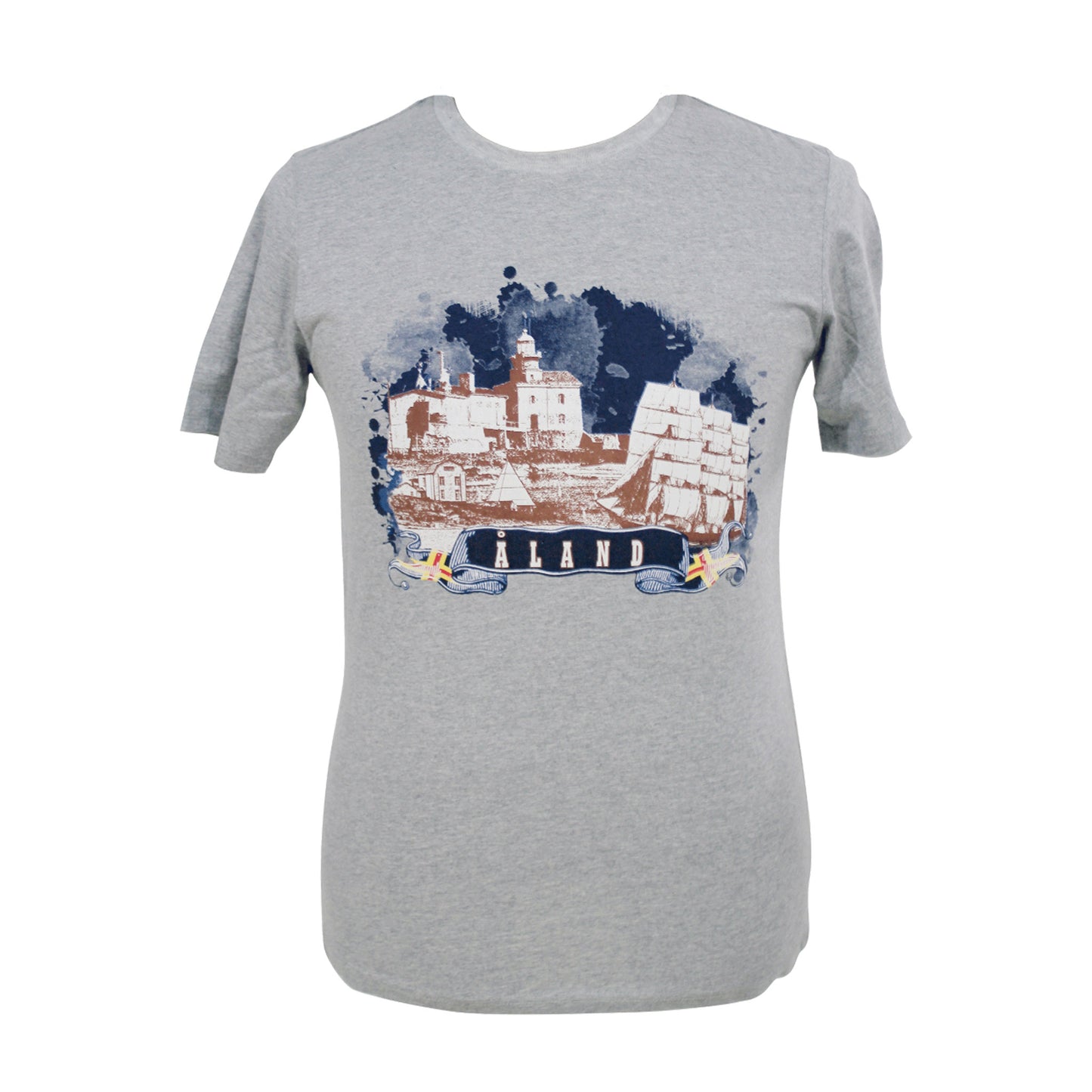 Gråmelerad vuxen T-shirt med diskreta tryckfärger som visar sevärdheter från Åland, inklusive Pommern, Kobba Klintar och Märket.