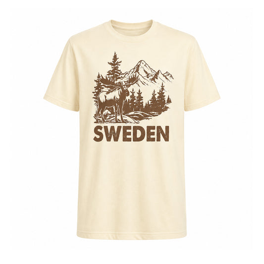 Retro T-shirt med stiligt älgmotiv texten "Sweden".