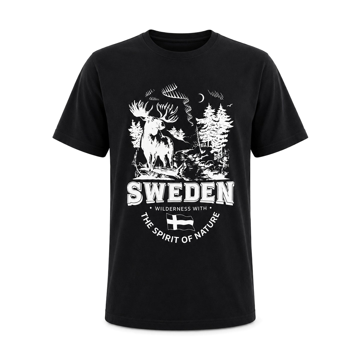 Klassisk svart T-shirt med stilfullt älgmotiv och texten  "SWEDEN - WILDERNESS WITH THE SPIRIT OF NATURE". 
