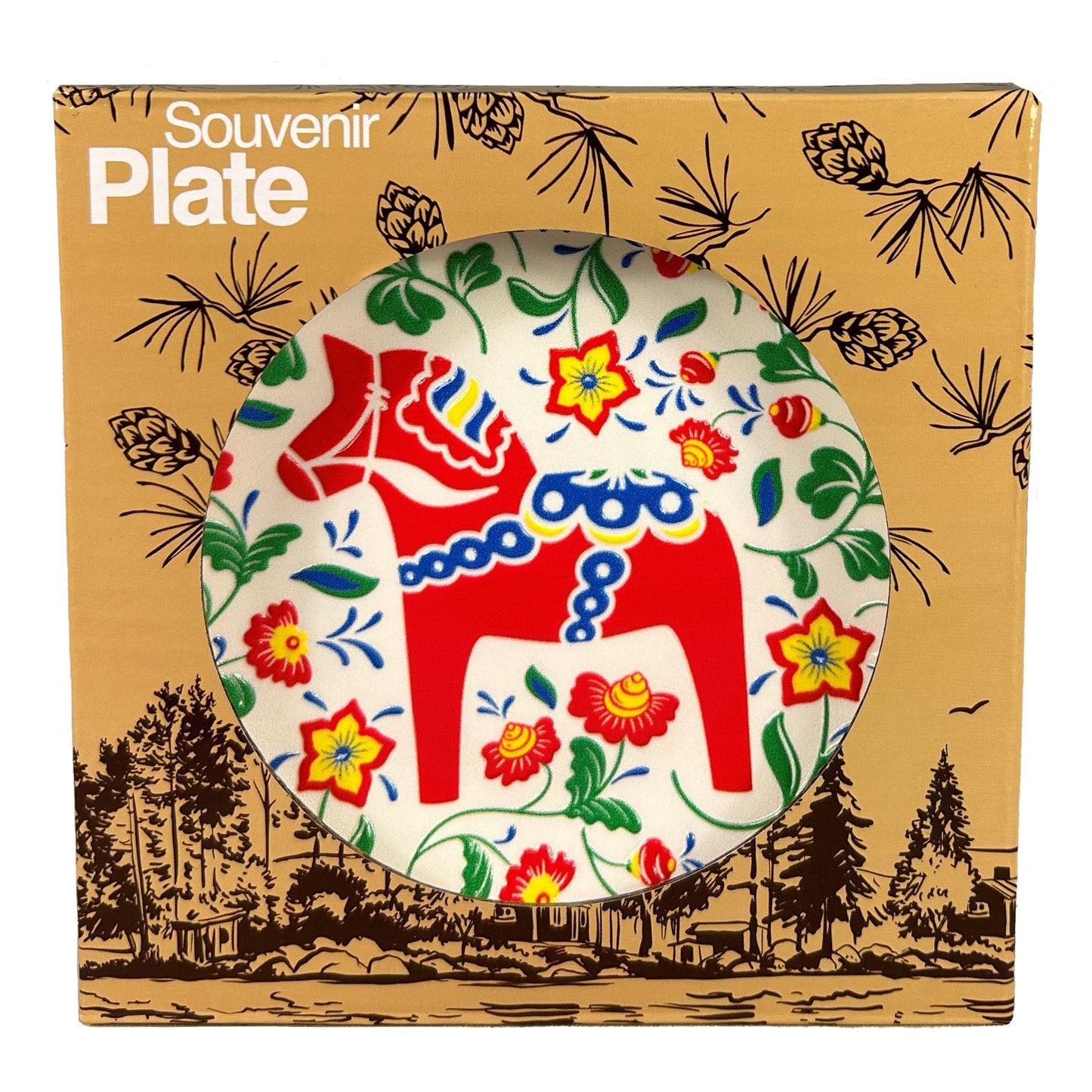 Rund souvenirtallrik prydd av en färgglad dalahäst som är omgiven av snirklande blommor. Visas här i sin förpackning. 